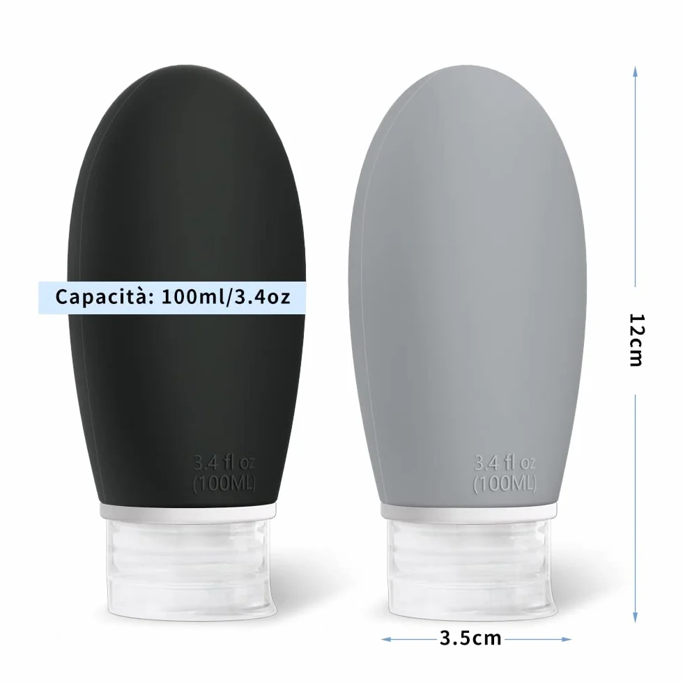 Opret Bottiglie da Viaggio 100ml in Silicone, 3 Pezzi Kit Contenitori da Viaggio Flaconi con Custodia per Shampoo, Liquidi and Lozione, Nessun BPA