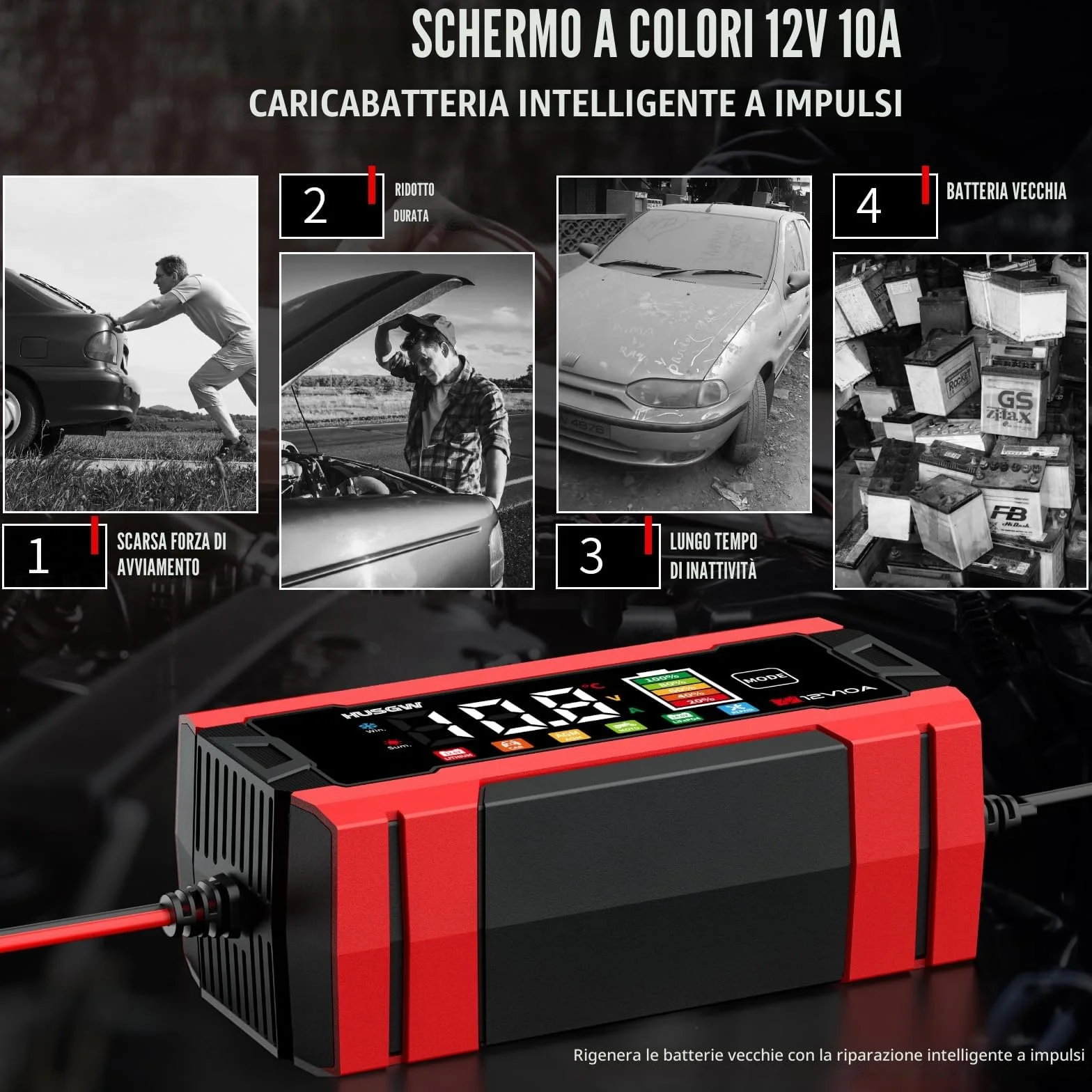 Caricabatterie LiFePO4 12V 10A per Auto Moto AGM GEL Wet SLA Rosso