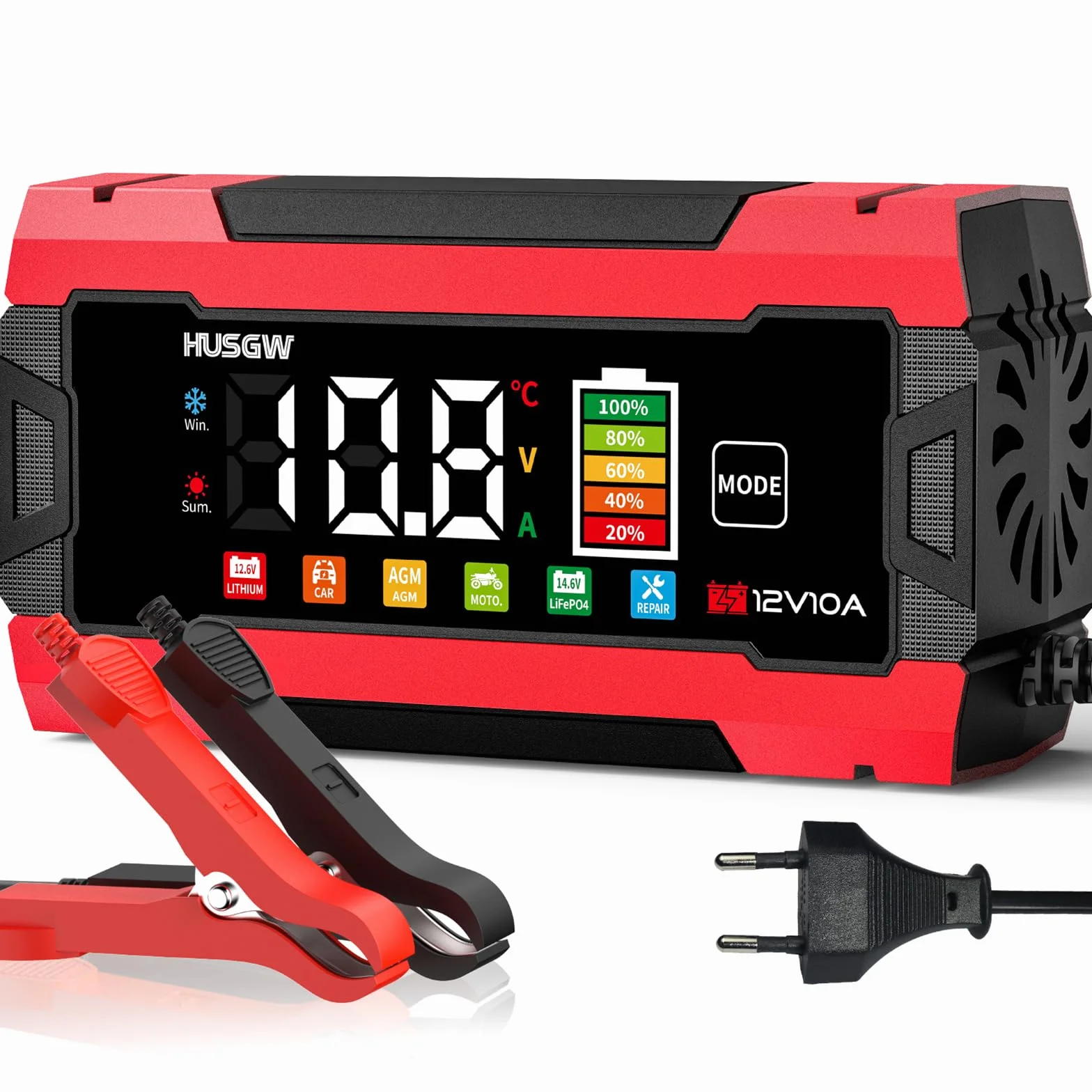 Caricabatterie LiFePO4 12V 10A per Auto Moto AGM GEL Wet SLA Rosso