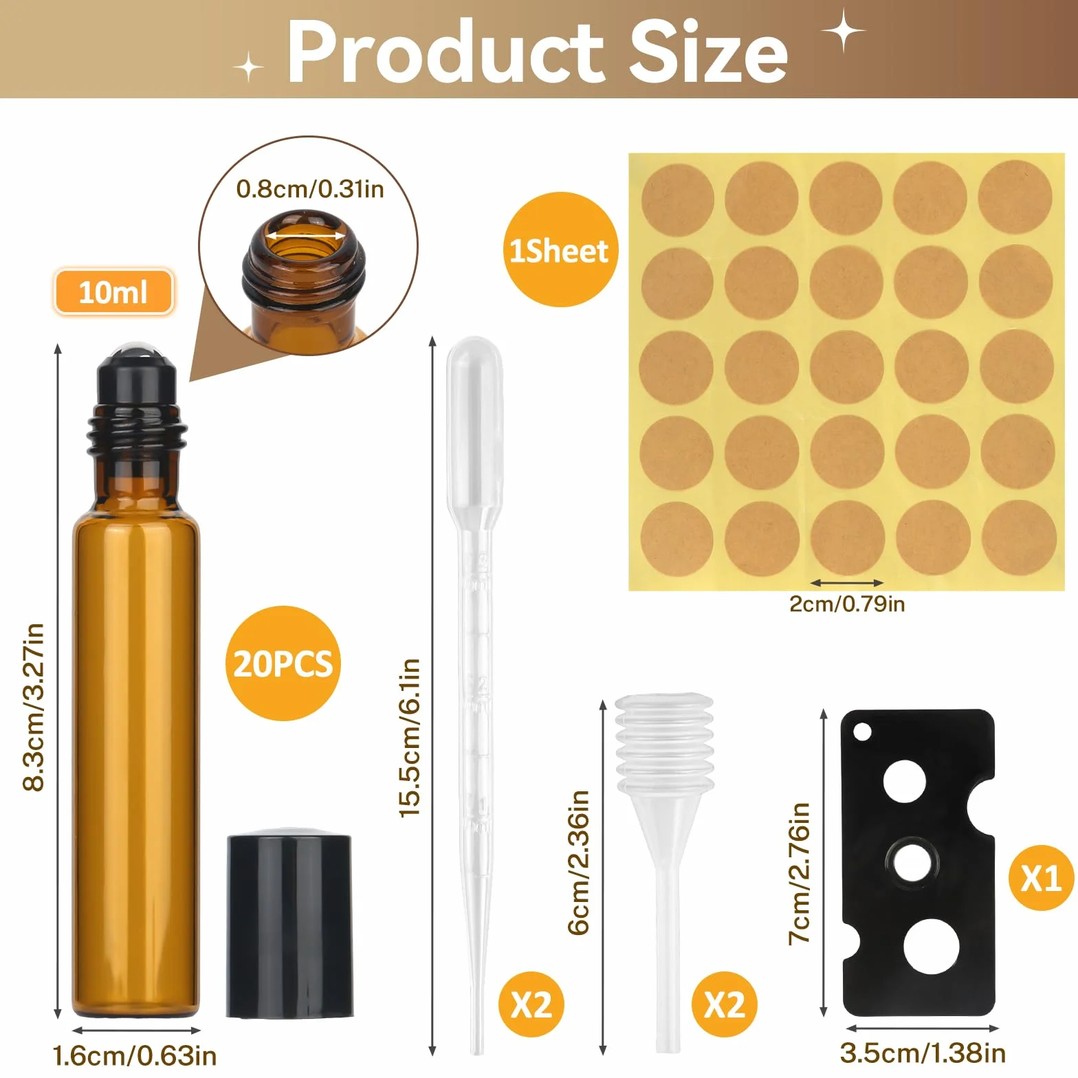 20 flaconi di vetro arrotolabili per oli essenziali da 10 ml, marrone, ricaricabile con apri, contagocce e adesivi per oli, profumi