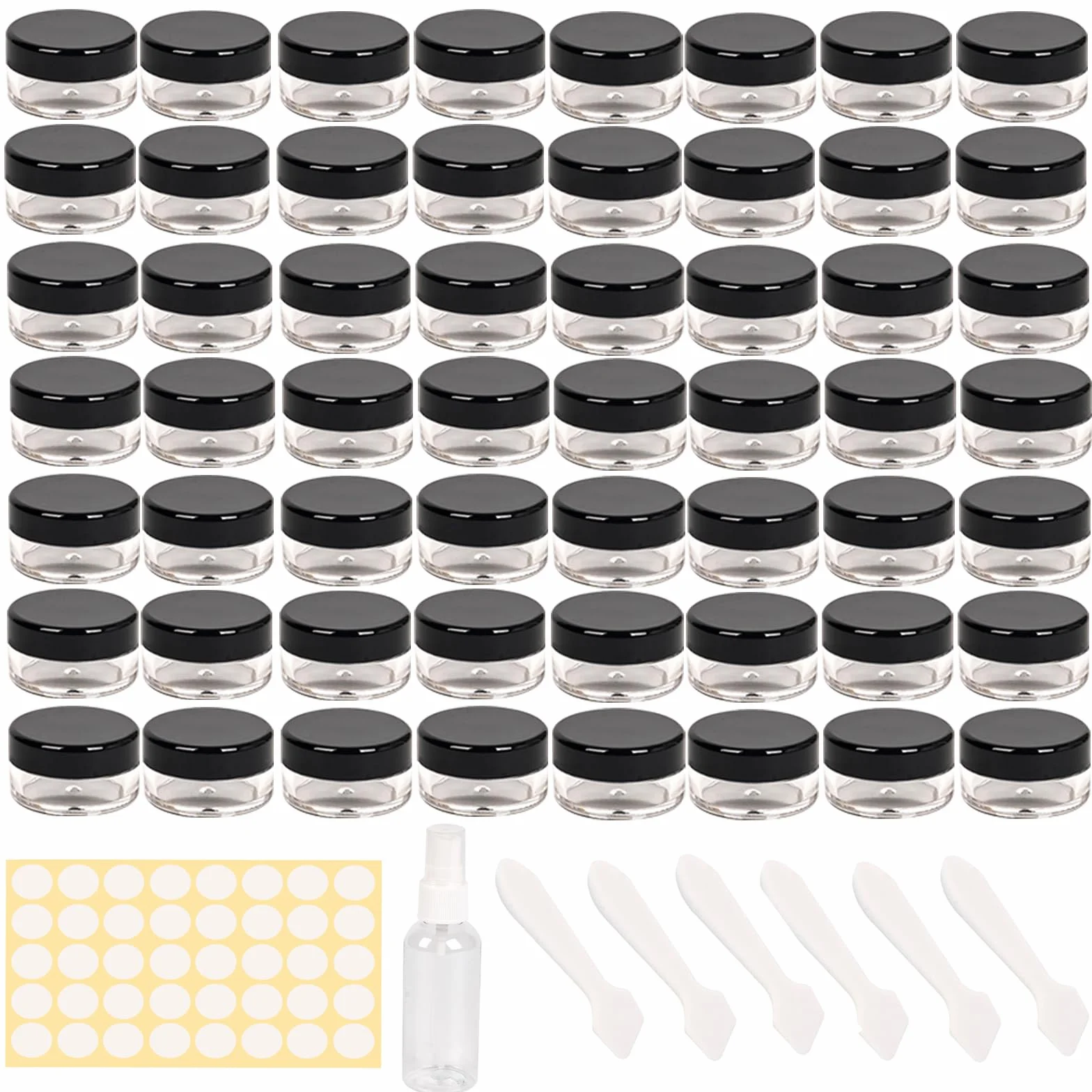 70 pezzi 5 ML contenitori cosmetici vuoti +6 pezzi di raschietto + 1 pezzo di flacone spray + 80 pezzi di adesivi,vasetti plastica