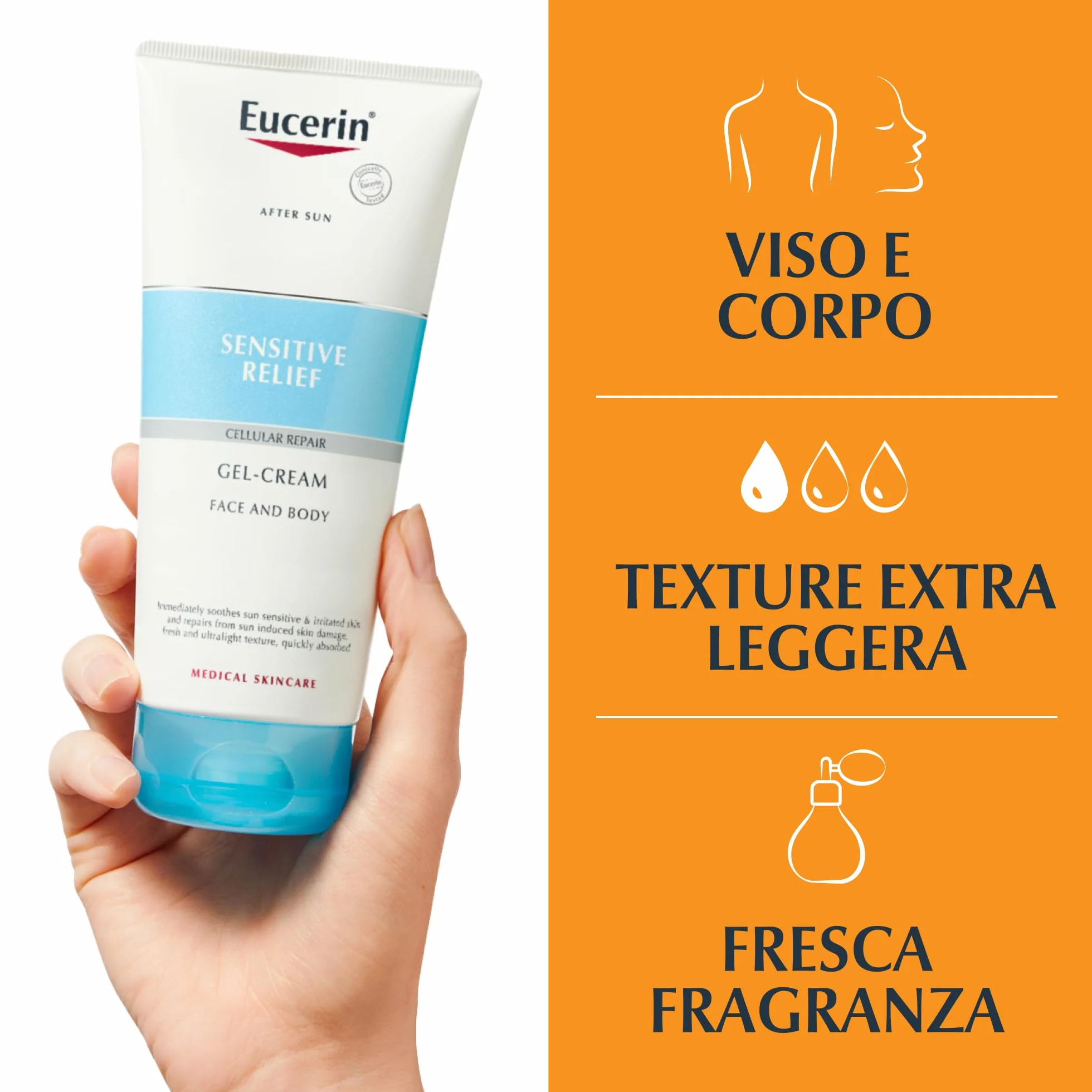 Eucerin After Sun Sensitive Relief Crema-Gel 200 ml, Doposole corpo e viso lenitivo e rigenerante, Crema doposole dalla texture leggera, Dopo sole per pelle sensibile e soggetta ad allergie solari