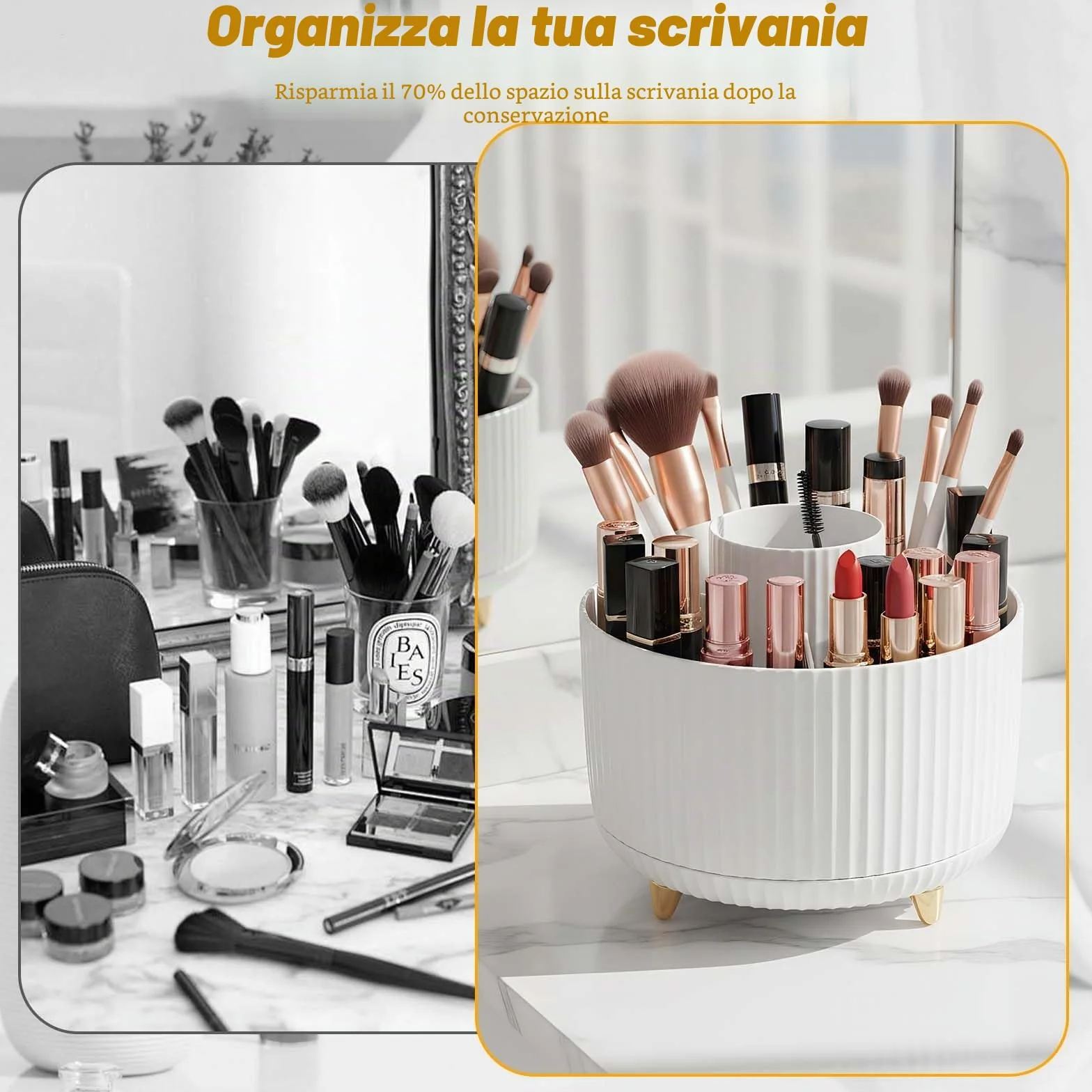 Organizer Porta Trucchi Girevole 360°, Spazzola 5 Griglie, Bianco