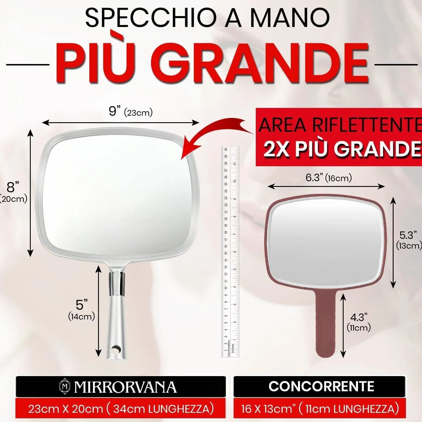 Specchio a mano portatile grande per trucco Mirrorvana con manico ergonomico argento