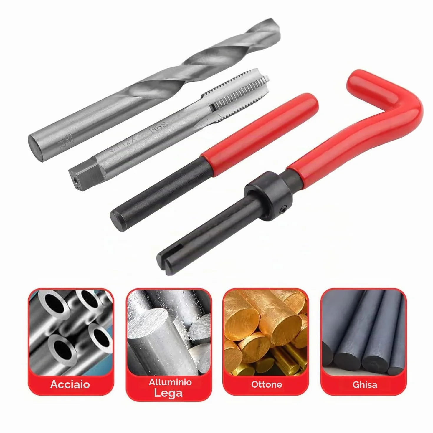 Set riparazione filettature M5-M12, trapano HSS, inserti filettati 131 pezzi