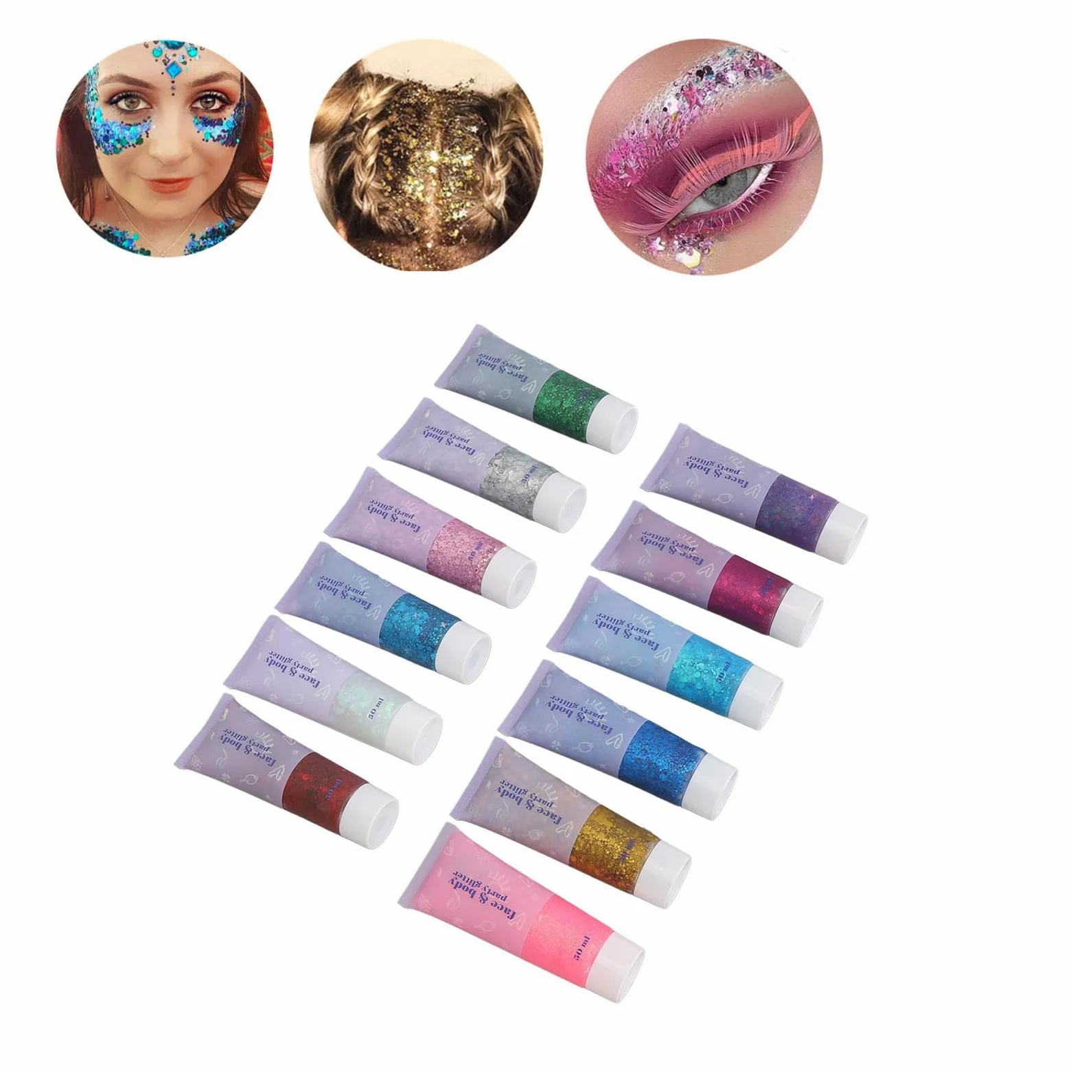 Gel Glitter Corpo 12 Colori Olografici 50ml Lavabili | Glitter Adesivi per il Viso, Nail Art per Capelli, Trucco Festival, Lavabili con Acqua e Sapone, Sicuri per la Pelle, 12