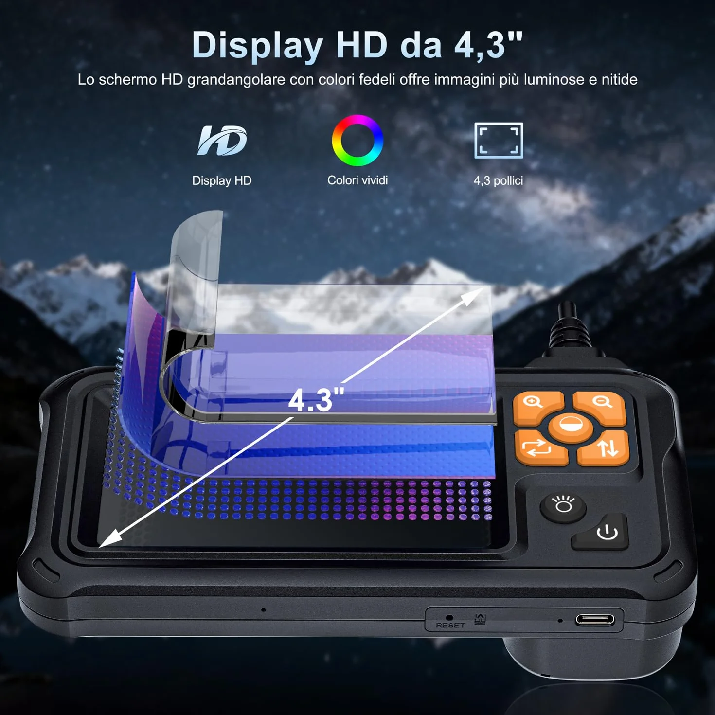 SKYBASIC Endoscopio Industriale HD 1080P 4,3 Pollici Schermo IPS IP67 Impermeabile 8 LED Cavo Semirigido 5M