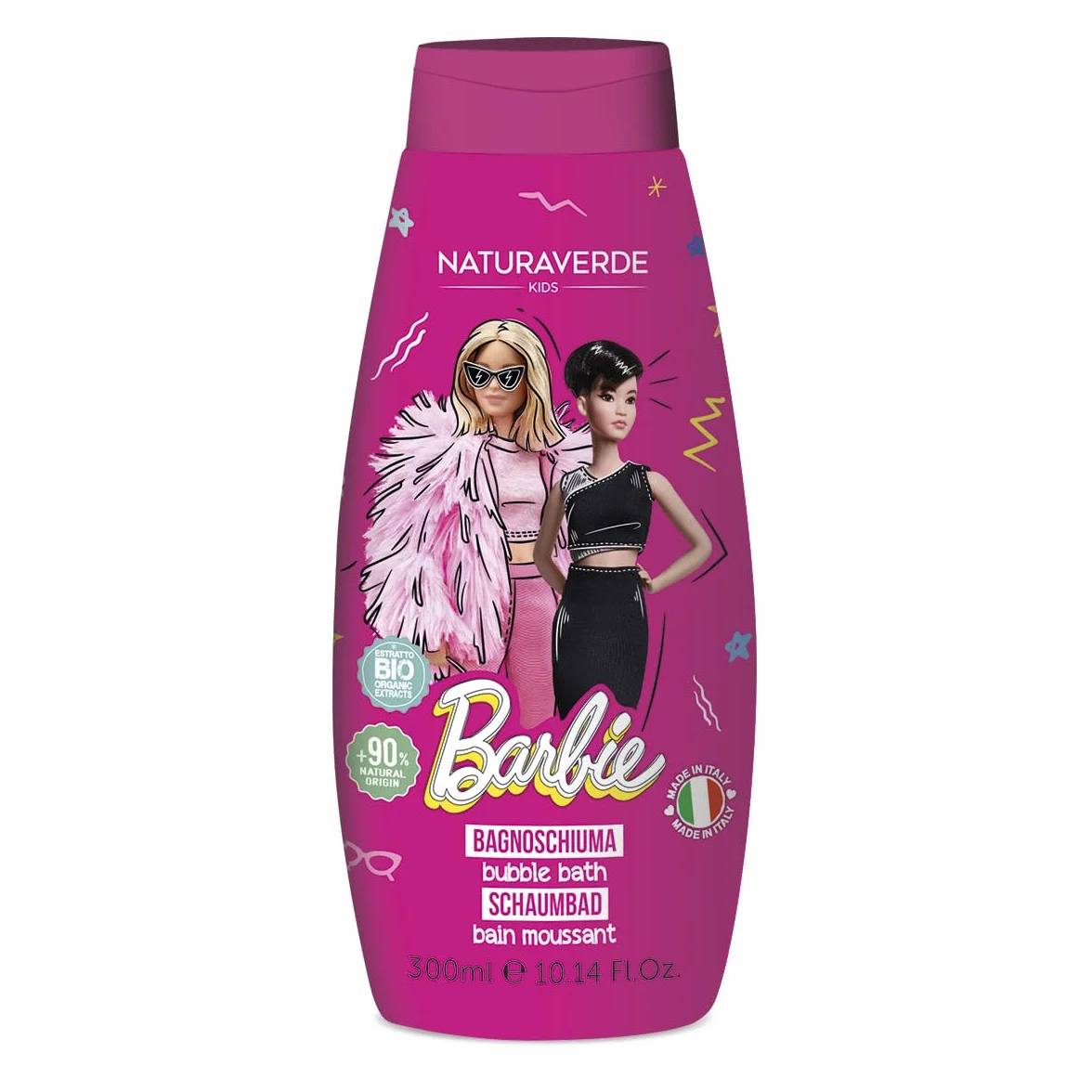 Naturaverde | Barbie Bagnoschiuma 250 ml, Formula Delicata con Estratto di Camomilla Biologica per l' Igiene Sicura dei Bambini