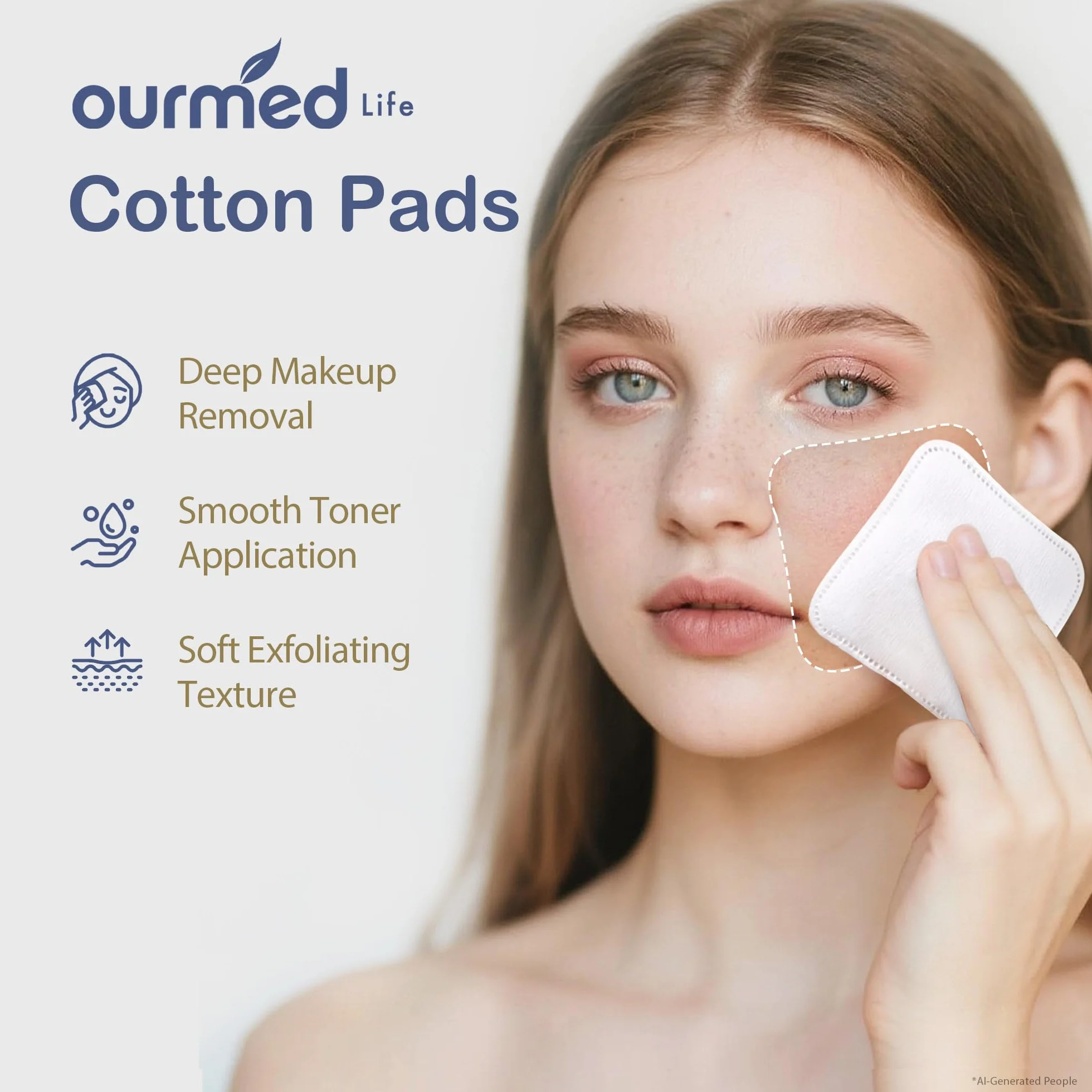 Ourmed Life Grandi dischetti di cotone per la rimozione del trucco, morbidi e privi di lanugine con design con cuciture pressate, resistenti cuscinetti struccanti per la pulizia del viso su tutti i