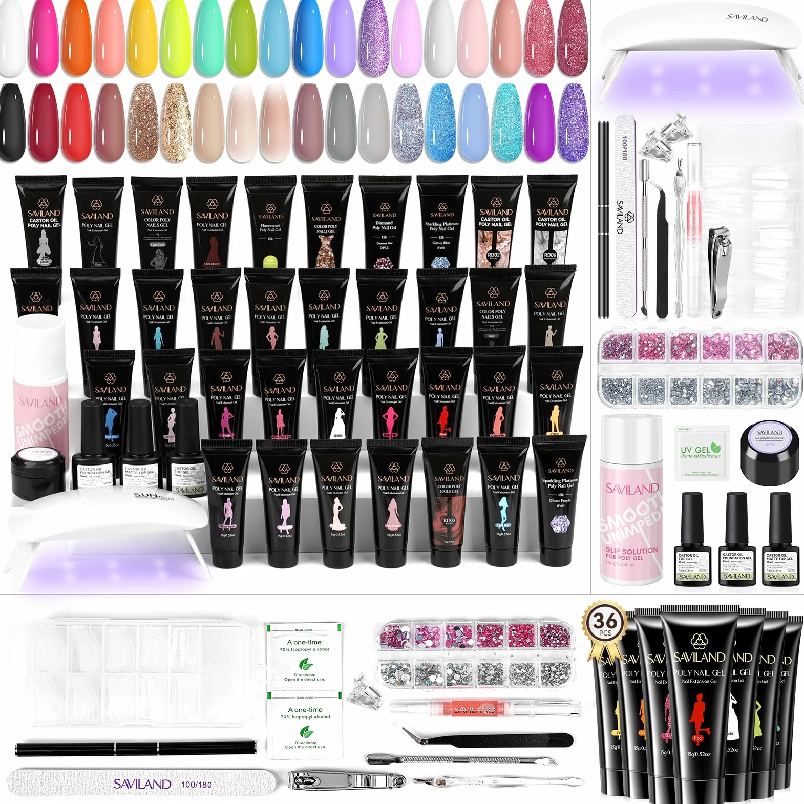 SAVILAND Kit Ricostruzione Unghie Gel Completo, 36 Colori 15g Poly Gel per Unghie Kit con Mini Lampada U V, Base Coat, Top Coat e Strumenti per Unghie, Ideale per Fai Da Te a Casa
