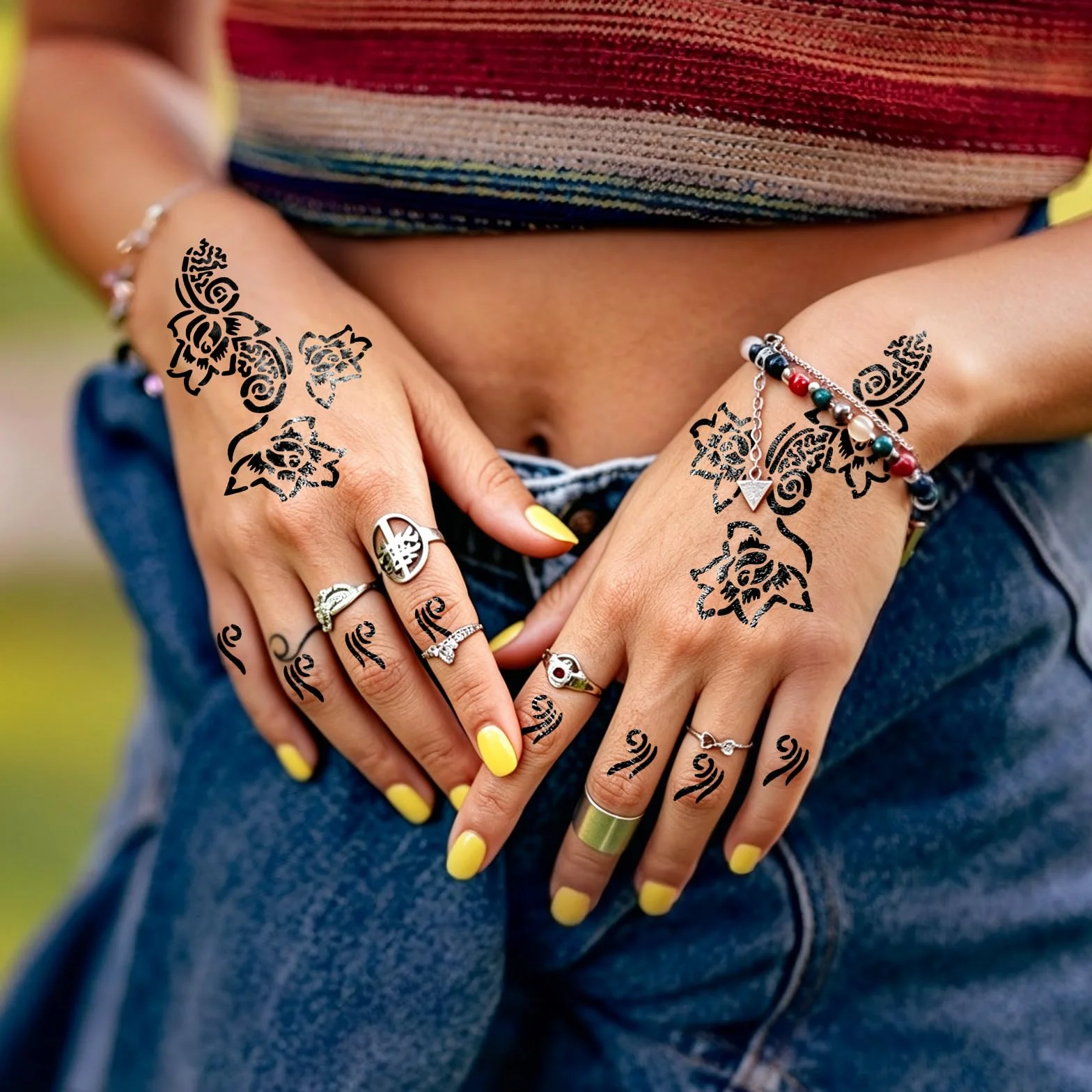 RAZET 20 Fogli Stencil per Tatuaggi per Mani, Modelli Autoadesivi per Palmi e Dita, Adesivi per Tatuaggio Temporaneo Indiano Arabo per Matrimoni e Feste