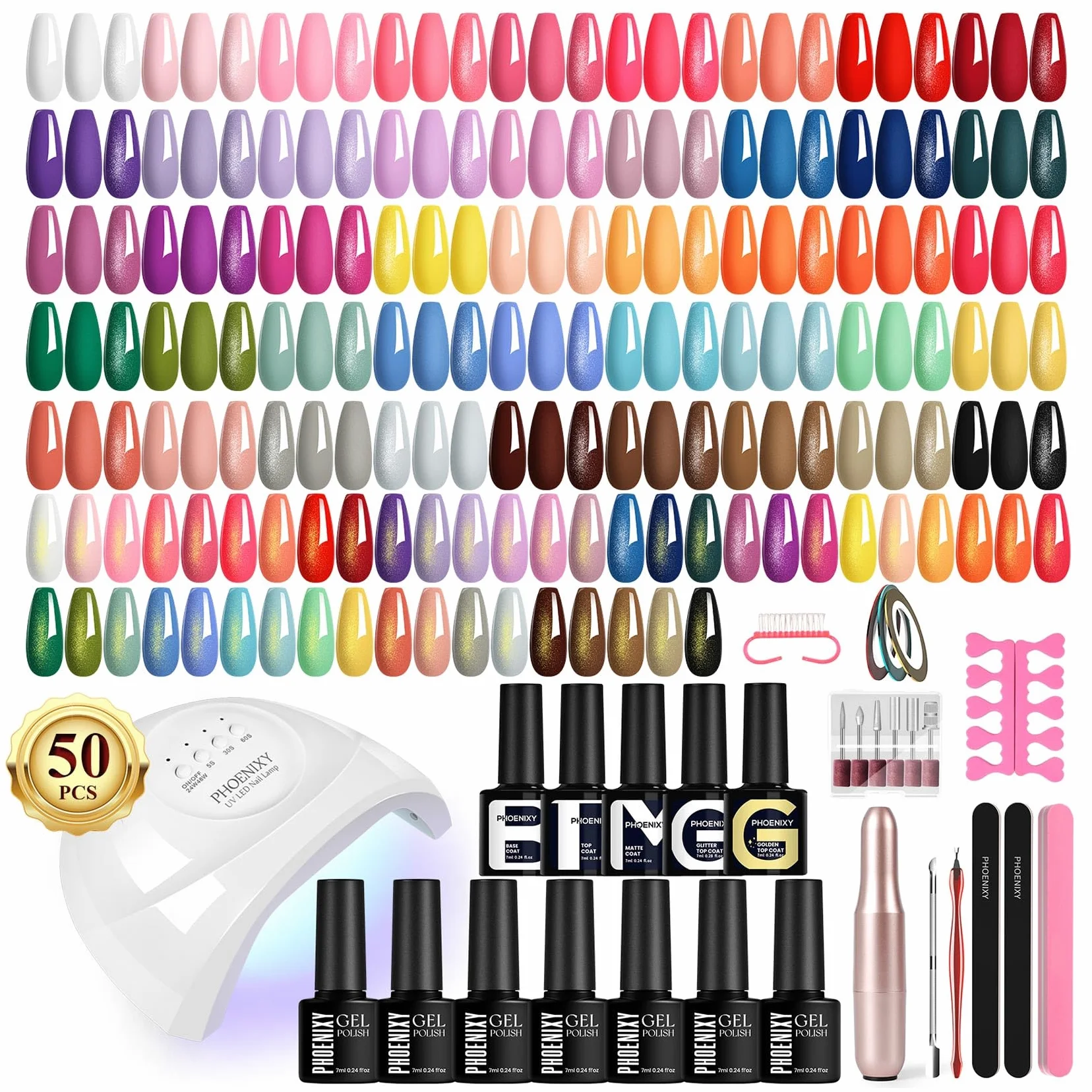 PHOENIXY 66Pz Kit Unghie Gel Completocon Lampada UV e Fresa | 45 Colori Smalto Semipermanente Unghie, kit semipermanente unghie con 4 Top Coats Regalo per Donne