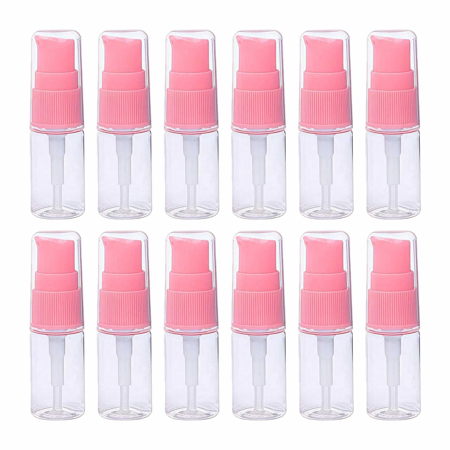 VASANA 12 flaconi vuoti portatili da 10 ml, ricaricabili, in plastica trasparente, con pompa a pressione rosa, per cosmetici e creme per il viso, emulsioni, campioni, contenitori per imballaggio