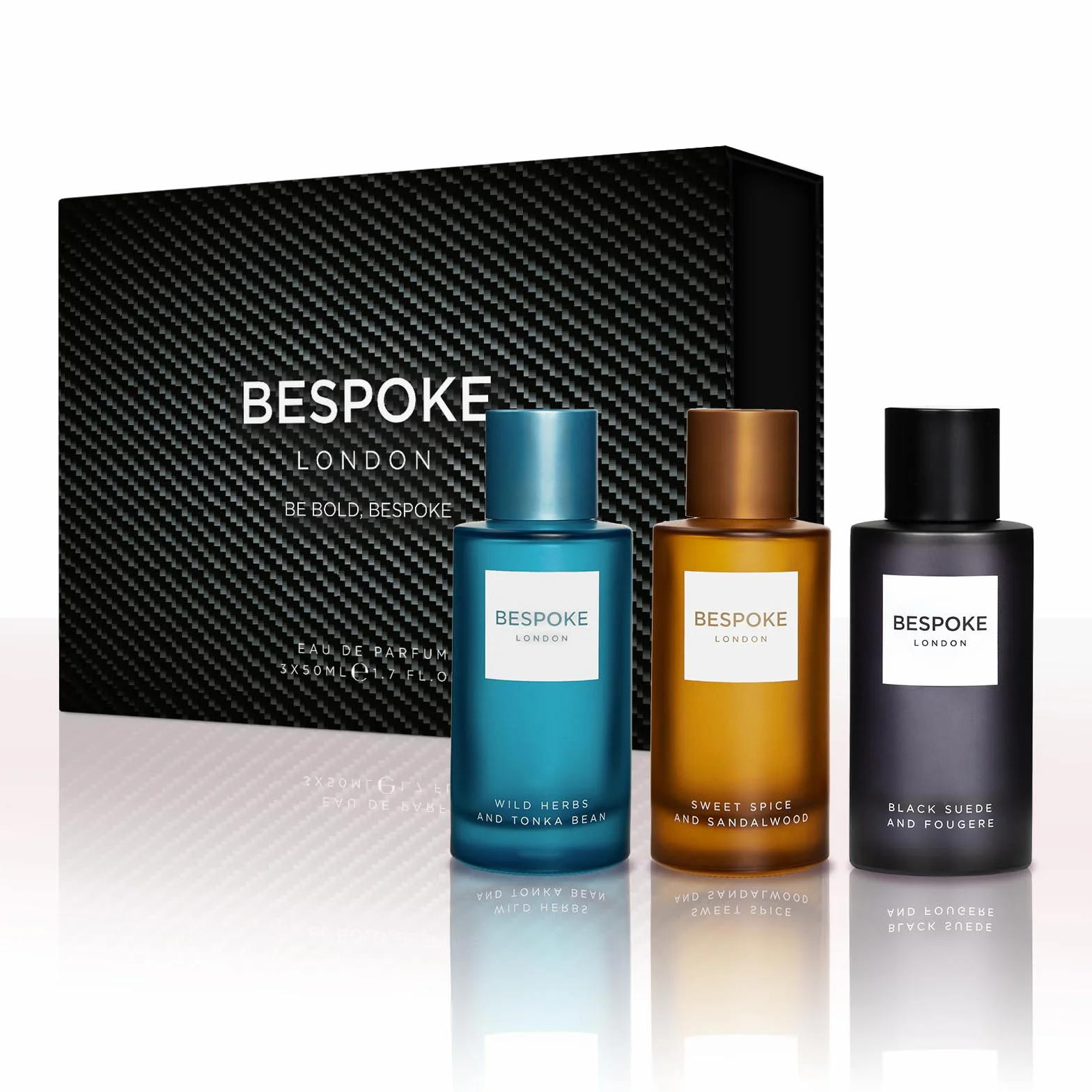 BESPOKE LONDON Set regalo di profumi da uomo di alta qualità, in pelle scamosciata nera, erbe selvatiche, spezie dolci, eau de parfum con fragranza a lunga durata, mini set profumi da viaggio