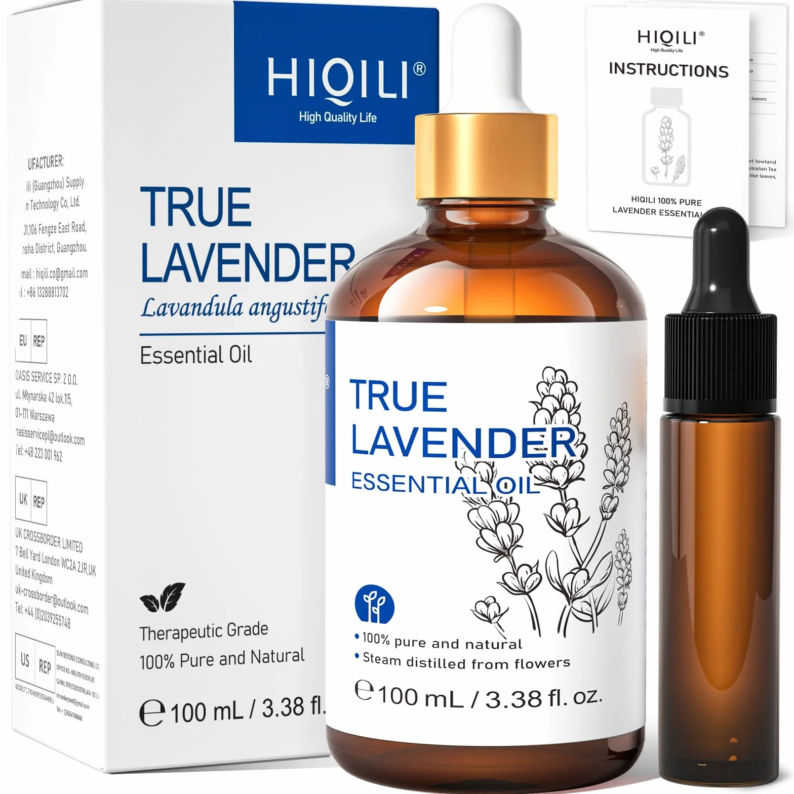 HIQILI 100ml Olio Essenziale Lavanda - 100% Puri Non Diluiti, Grado Terapeutico per Diffusore Aromaterapico in Camera, Allevia lo Stress, Migliora la Qualità del Sonno | con Contagocce in Vetro