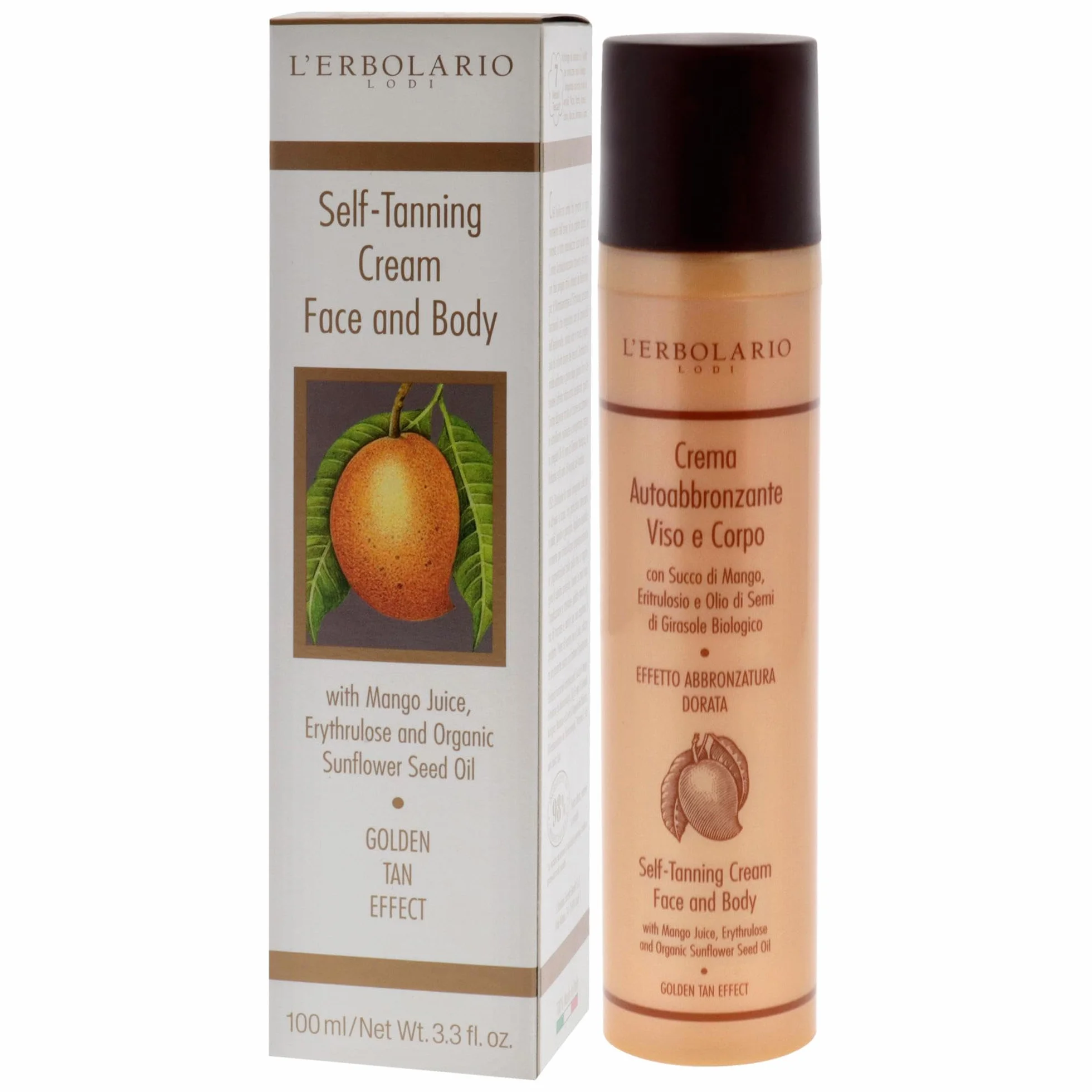 L'Erbolario Crema Autoabbronzante Viso e Corpo 100ml - Succo di Mango, Ritrulosio, Olio di Semi di Girasole Biologico - Abbronzatura Dorata AIRLESS Made in Italy