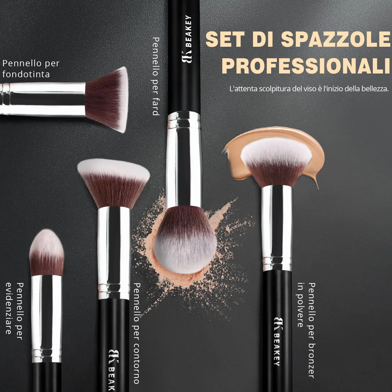 BEAKEY Set Pennelli Trucco Premium Synthetic 10+2 Pezzi Nero Argento Spugnetta Blender Beauty