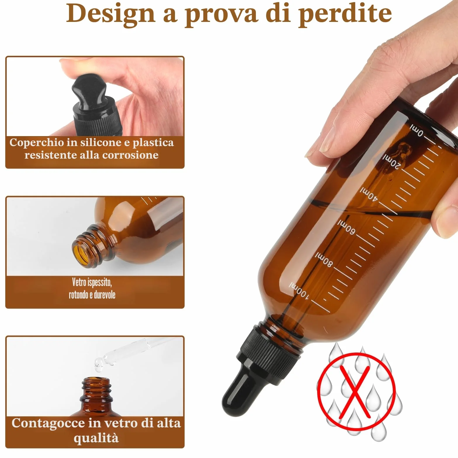 6 Pezzi Contagocce Vetro 100ml, Marrone Bottiglie Contagocce in Vetro, Flaconi Contagocce con 2 Imbuti 2 Pipette Contagocce 1 Adesivo, Flaconi Ricaricabili per Laboratorio Olio Essenziale