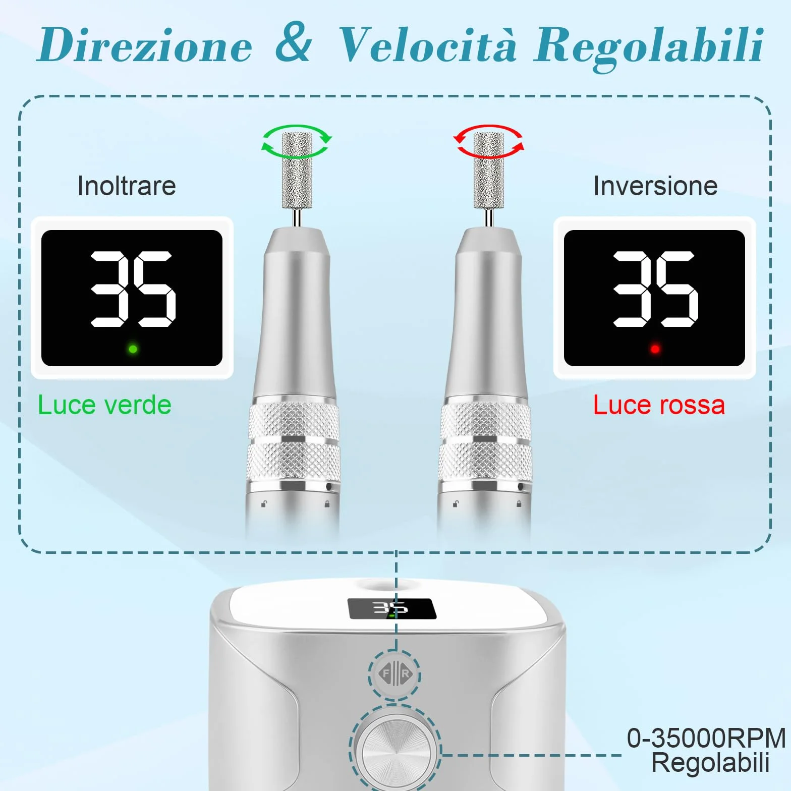 Kredioo Fresa per Unghie Professionale 35000RPM, Trapano Elettrico per Rimozione Gel/Smalto, Argento