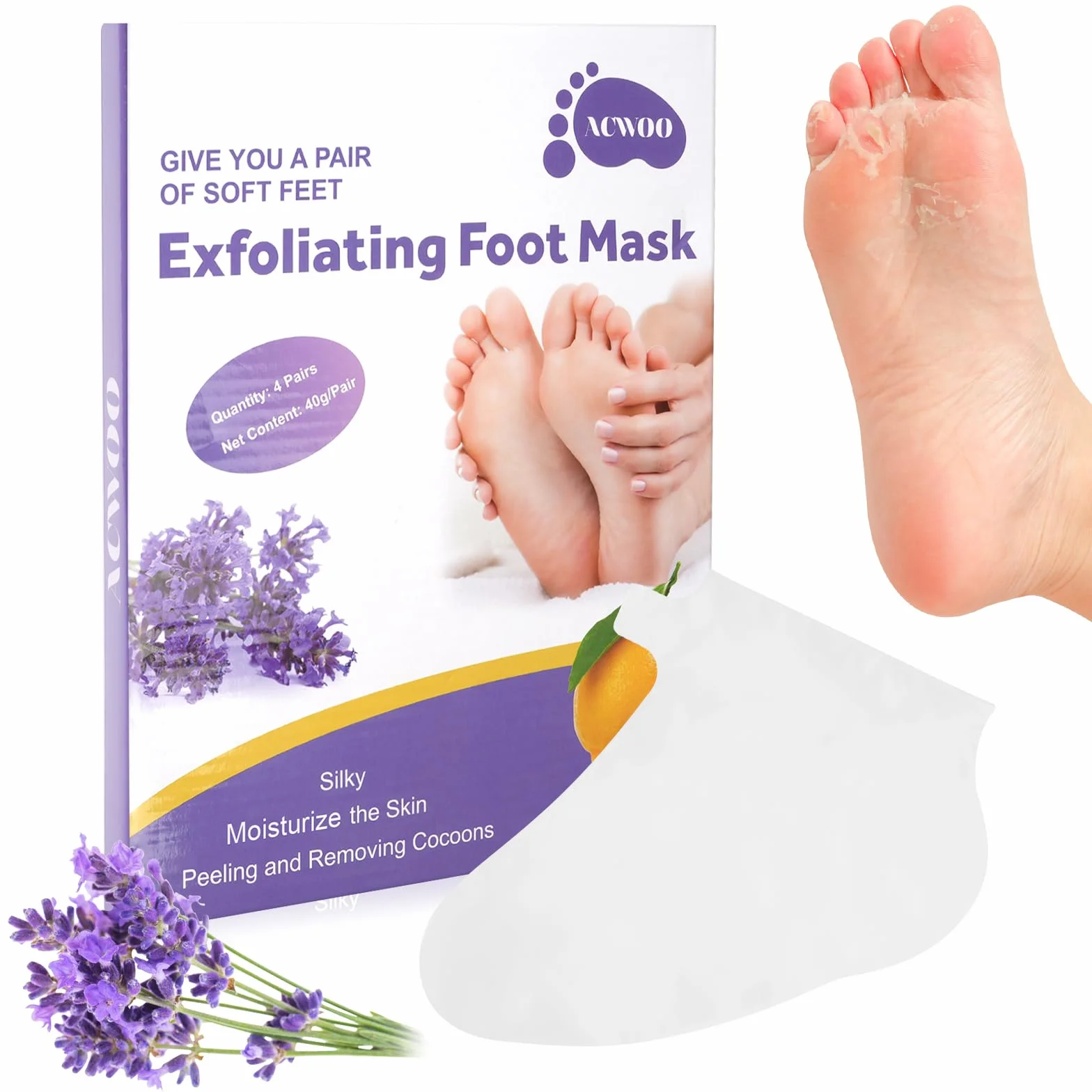 ACWOO Maschera Piedi Esfoliante, 4 paia Maschera Peeling Piedi， Maschera per Piedi Efficace Cura dei Piedi i Scrub Piedi, Maschera Esfoliante Rimozione calli e Pelle Morta piedi