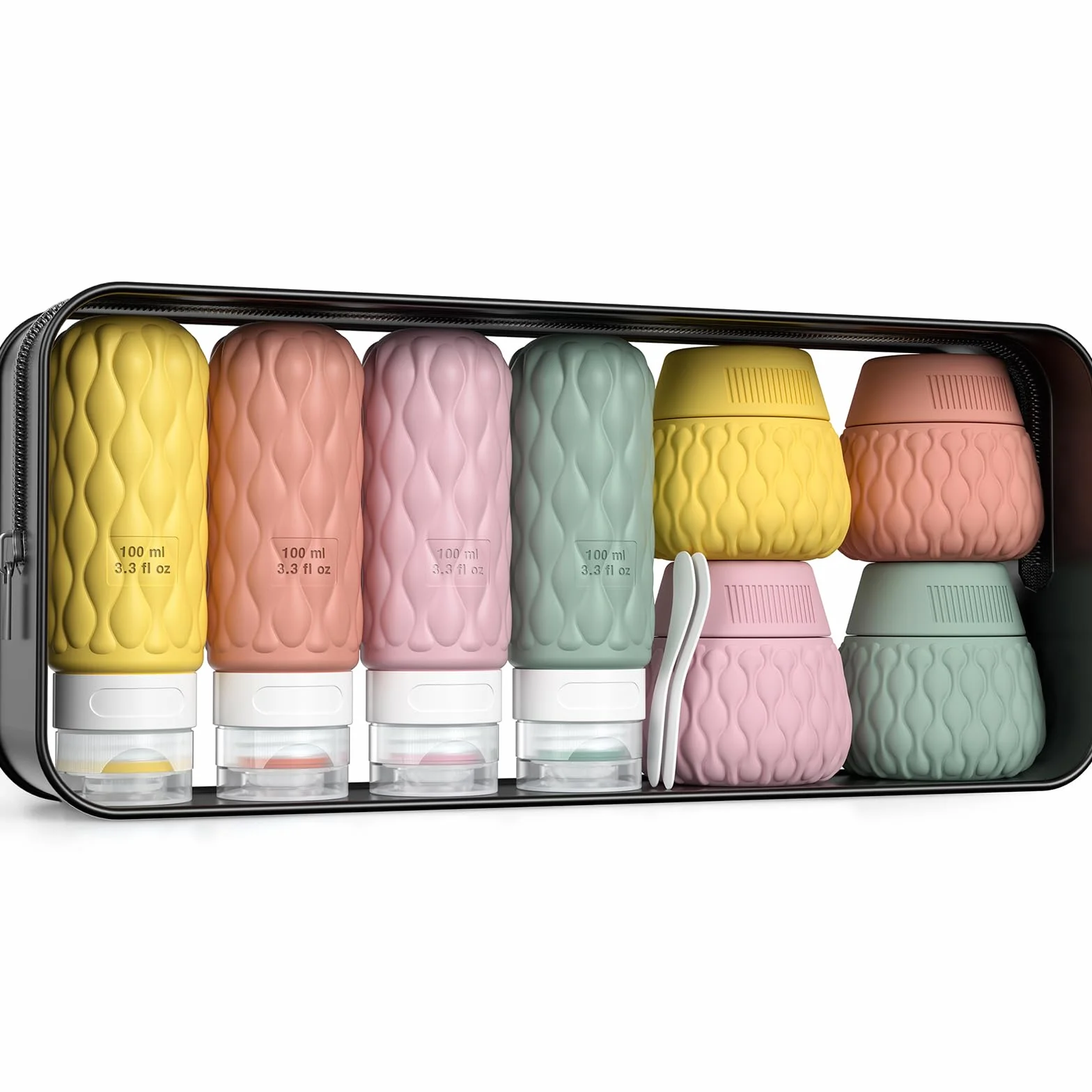 Lericttor Contenitori Viaggio Liquidi 100/50 ml, 8 Pezzi Bottiglie da Viaggio Aereo in Silicone, Set di Flaconi da Viaggio con Borsa da Toilette, Boccette da Viaggio per Shampoo, Lozione, Cosmetici