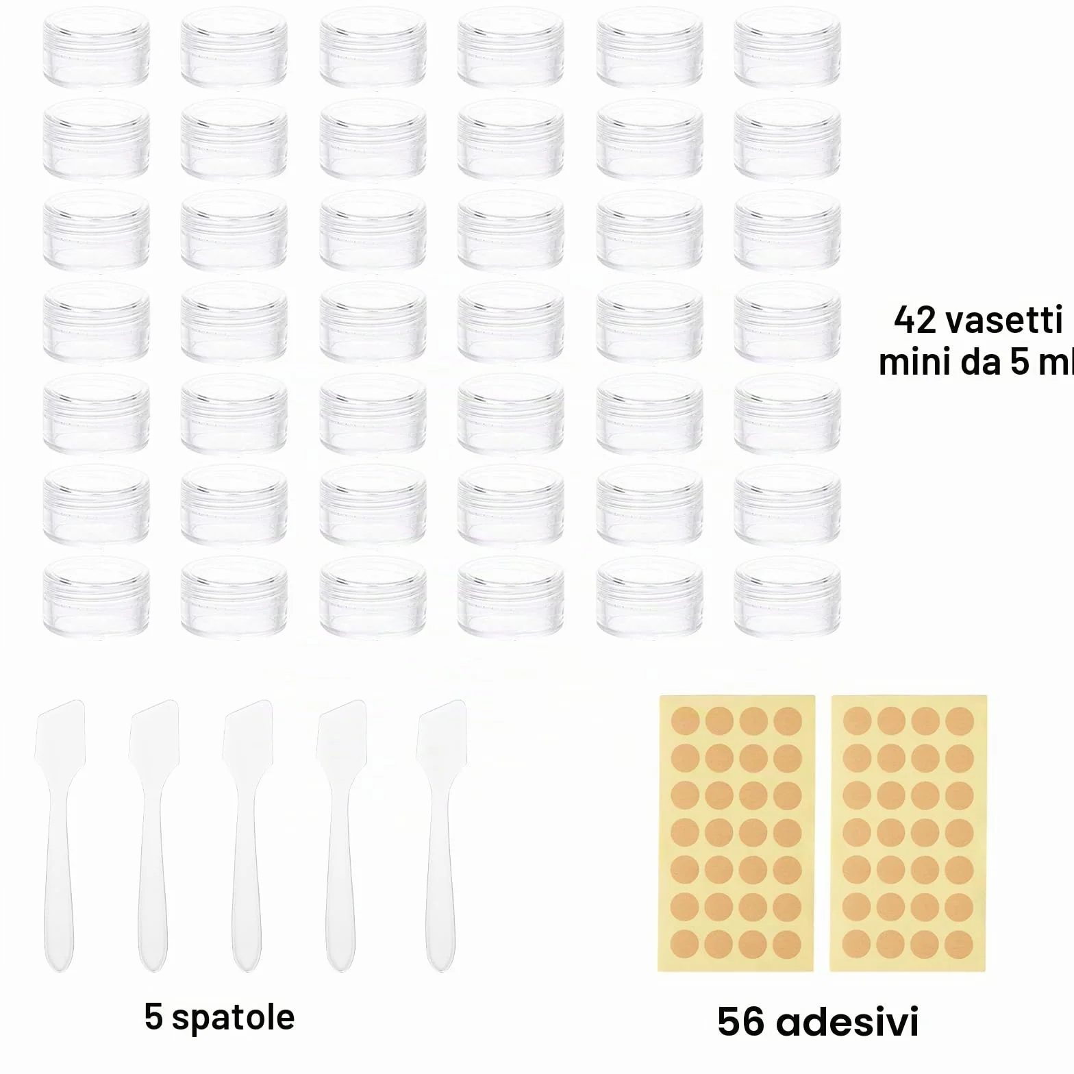 5ml Barattolini plastica piccoli con tappo, 42 pezzi Vasetti mini con etichette e spatola, mini contenitori trasparenti per creme da viaggio campioni cosmetici, crema per labbra, nail art