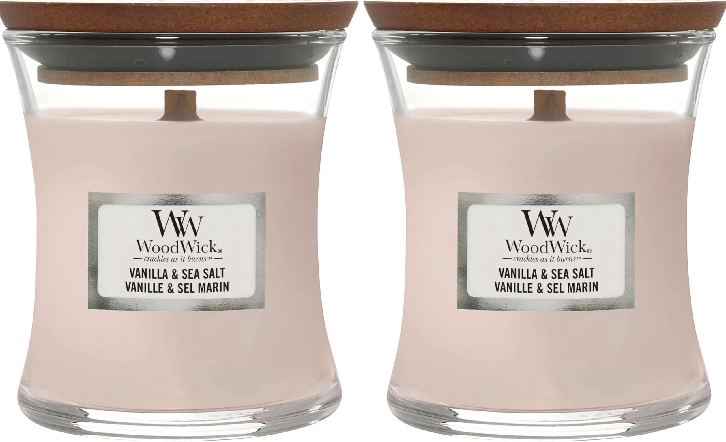 WoodWick Candela profumata Hourglass media con stoppino crepitante | Vaniglia e sale marino | Durata della fragranza: fino a 20 ore (Confezione da 2)