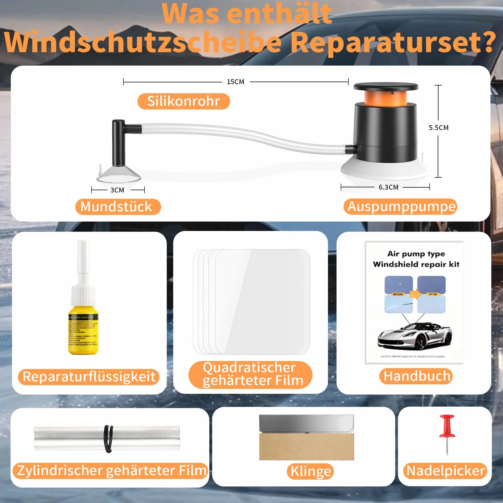 Kit Riparazione Parabrezza Universale con Pompa a Vuoto per Chip e Crepe