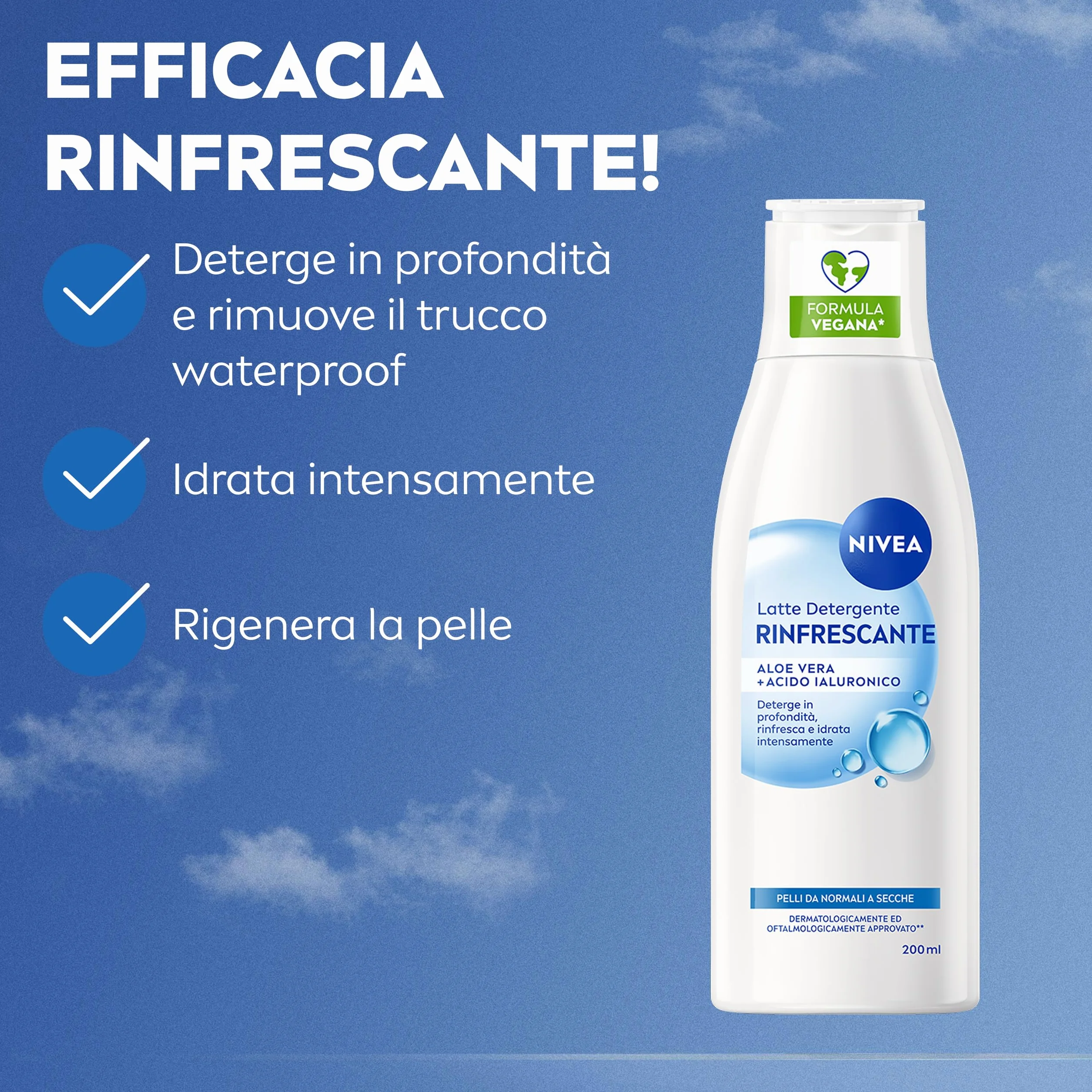 NIVEA Latte Detergente Rinfrescante 200 ml Detergente viso idratante e lenitivo Cleanser struccante Aloe Vera Acido Ialuronico
