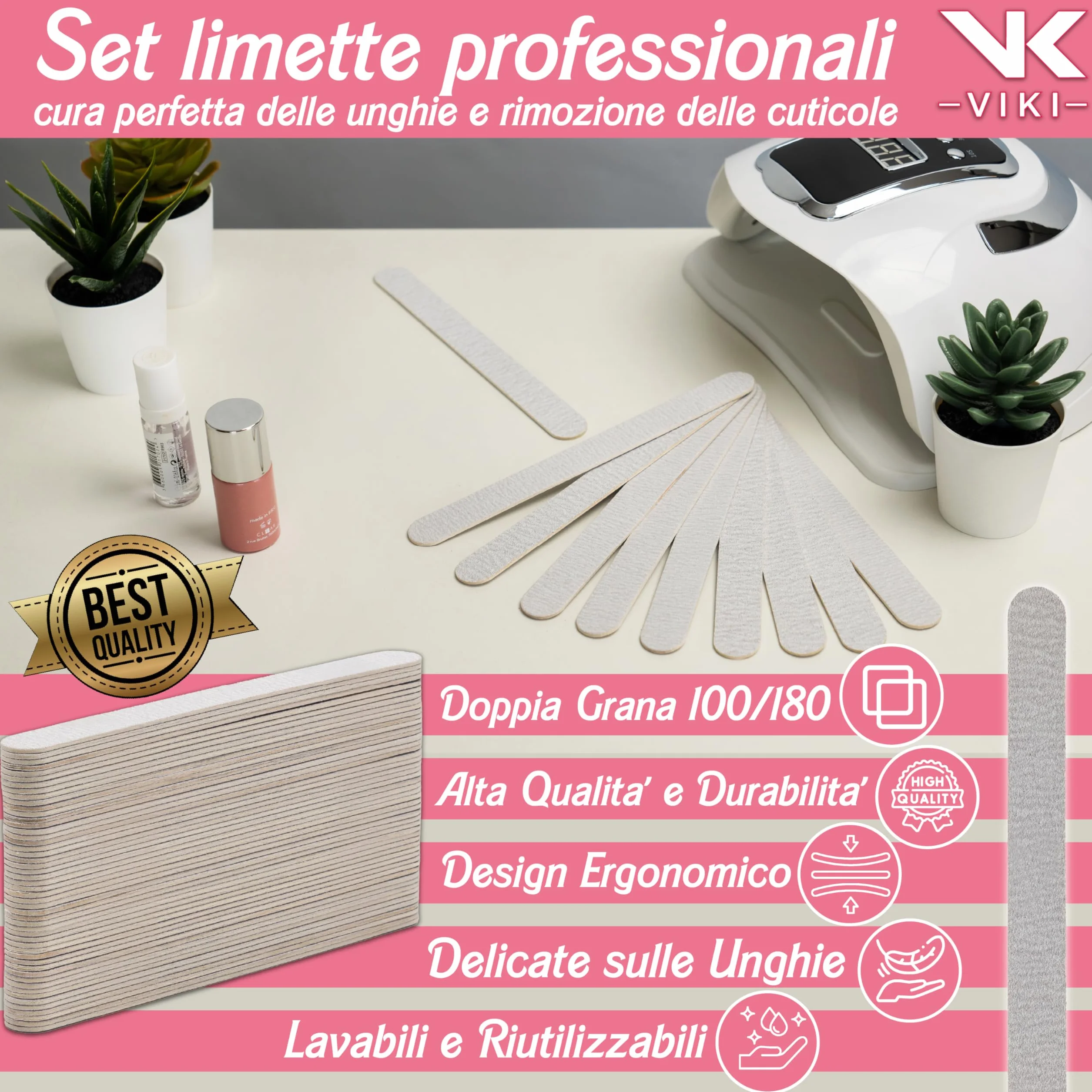 VIKI Set 100 Lima Unghie Professionale 100/180 Doppia Grana, Lime Unghie per Manicure e Pedicure, Unghie Naturali, Gel, Acrilico e Semipermanente, Lime Delicate e Resistenti ideale per centri estetici