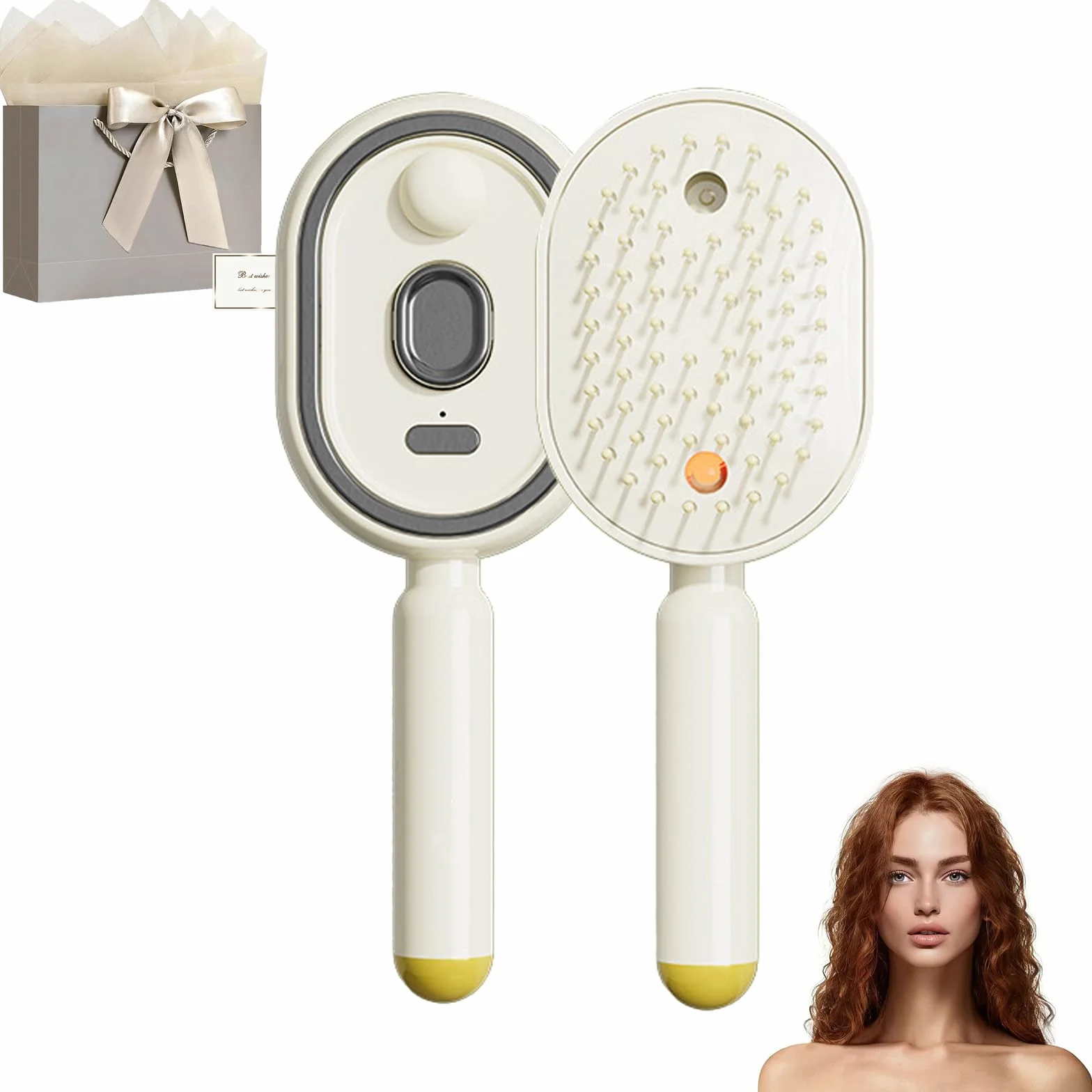 Electric Hair Brush with Water Spray Vibration Misting Detangling Comb Red Light Air Cushion Massage for Wet Dry Hair Beige