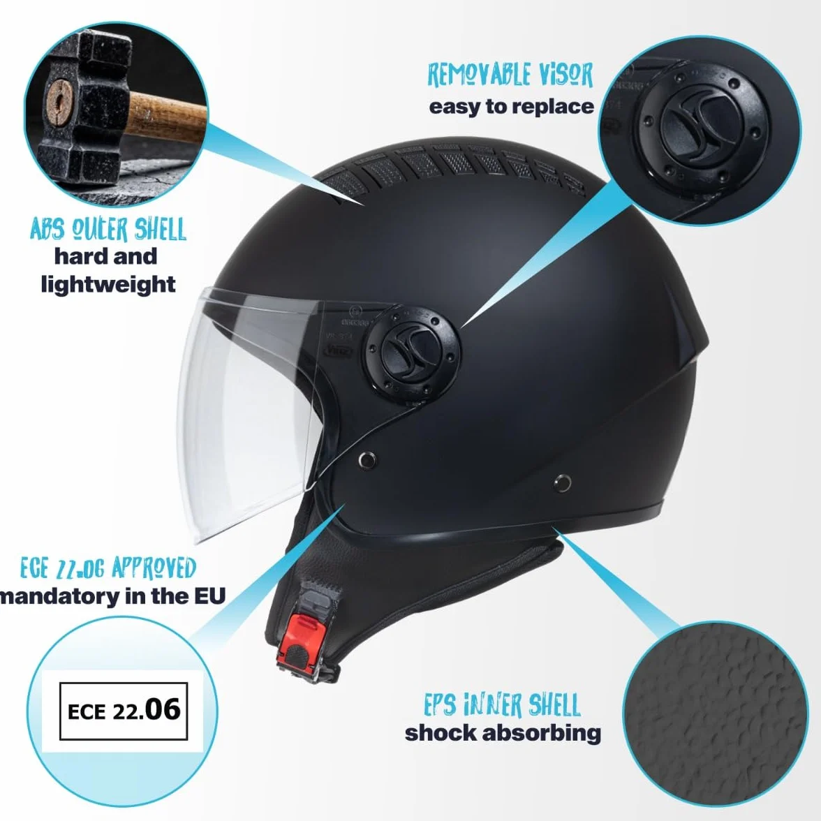 VINZ Como Casco Jet con Visiera ECE 22.06 Certificato per Scooter Moto Vespa Uomo Donna XS-XL
