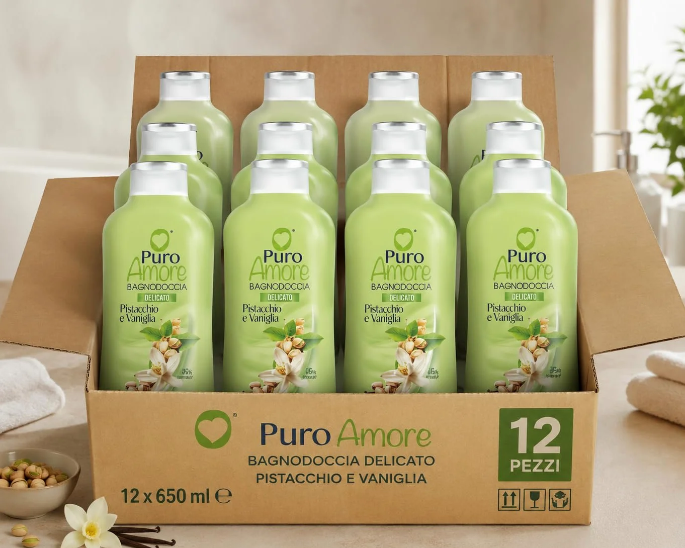 Bagnodoccia Delicato Pistacchio e Vaniglia 650 ml, Profumazione Dolce e Avvolgente, 95% Ingredienti di Origine Naturale, Made in Italy, Varianti 3 Pezzi 6 Pezzi 12 Pezzi (12 x 650 ml)