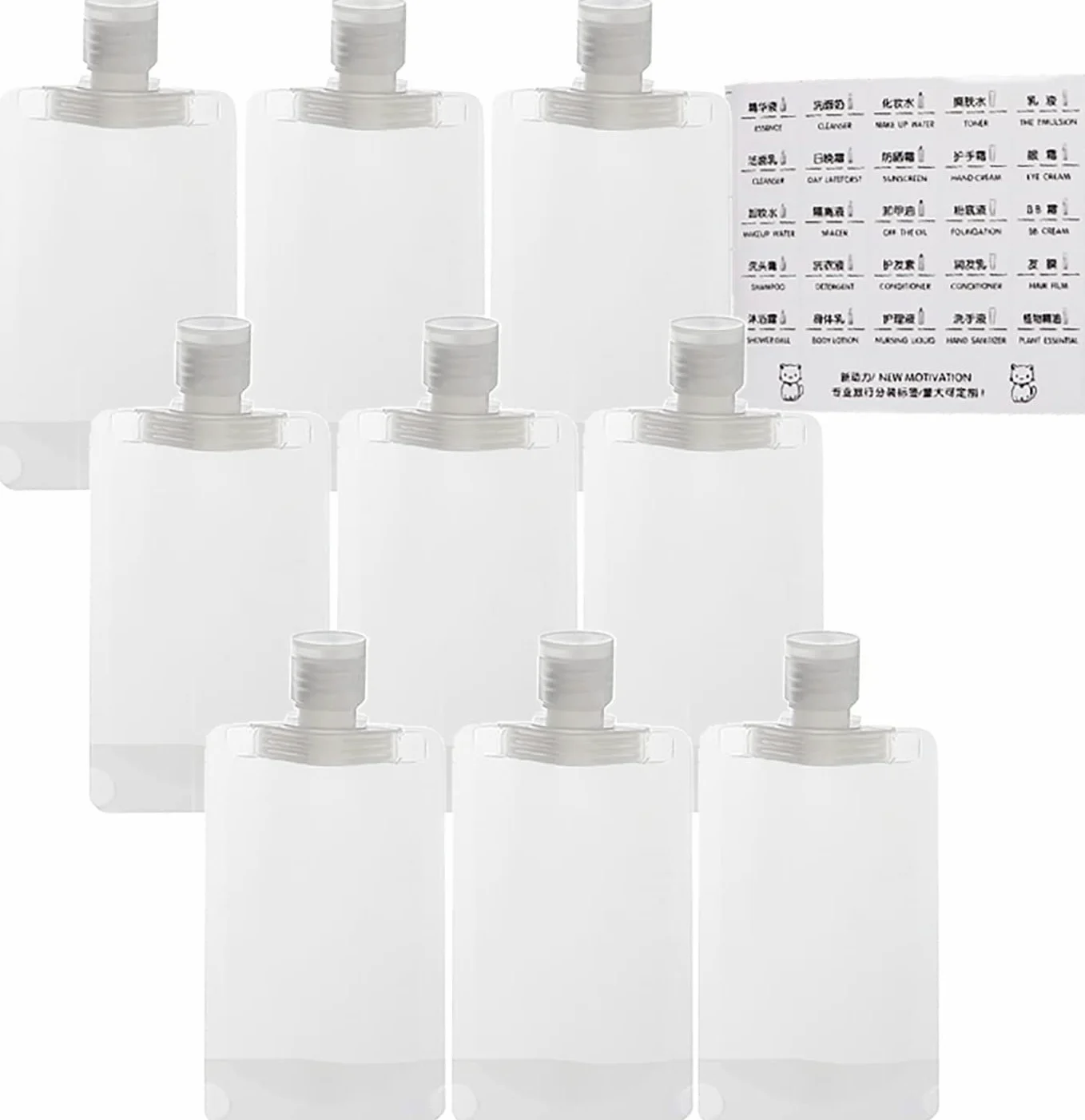 9 sacchetti da viaggio portatili per cosmetici, trasparenti, a prova di perdite, ricaricabili, contenitori da viaggio, sacchetti per cosmetici, lozioni, shampoo, liquidi, 100 ml.