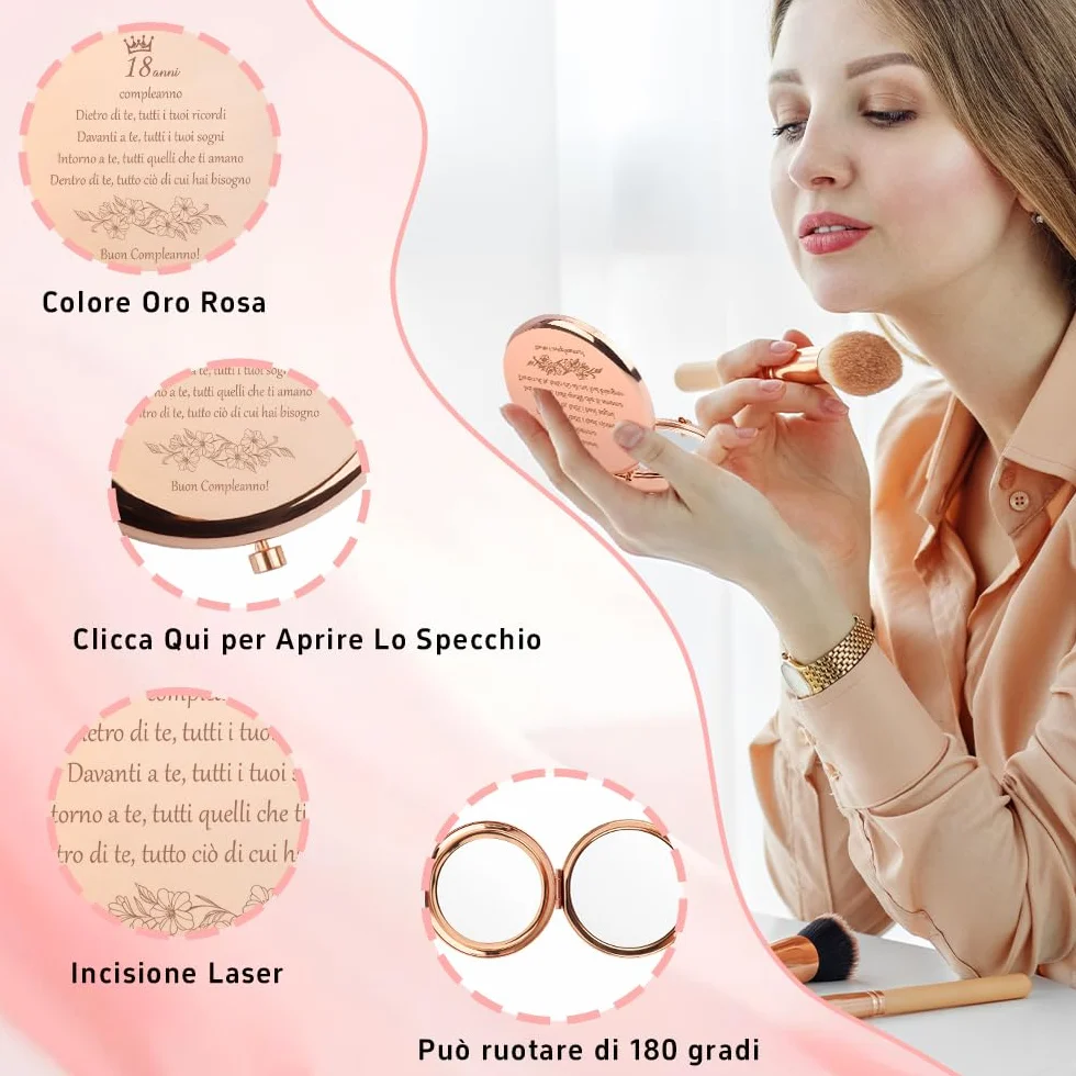 Regalo 18 Anni Ragazza Specchio Trucco Compacta, Idee Regalo Donna Compleanno, Ingranditore x1/x2