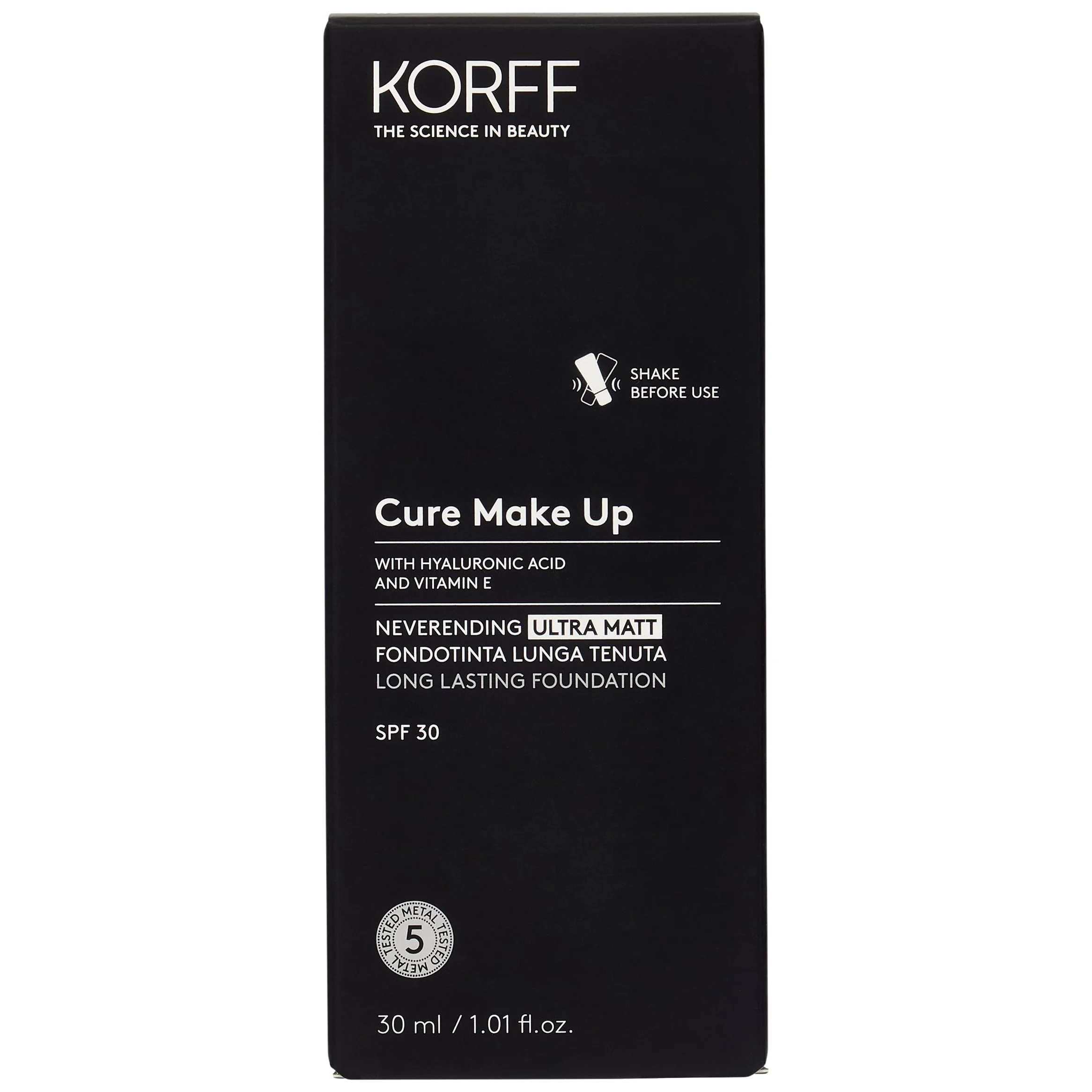 Korff Neverending Ultra Matt Fondotinta Lunga Tenuta fino a 8 ore, Effetto Matt, con Acido Ialuronico, Vitamina E, Amande, SPF30, 30 ml