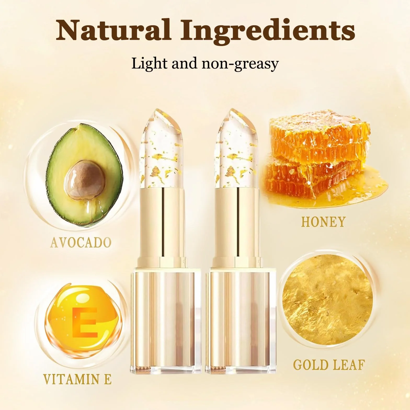 2 Pcs Reveline Rossetto Adattivo, Rossetto PH Reagente, Foglia Gold Lipstick Color-Changing, Cura delle labbra, Burrocacao Idratante, Tenuta 24 ore, PH Temperature Lip Balm