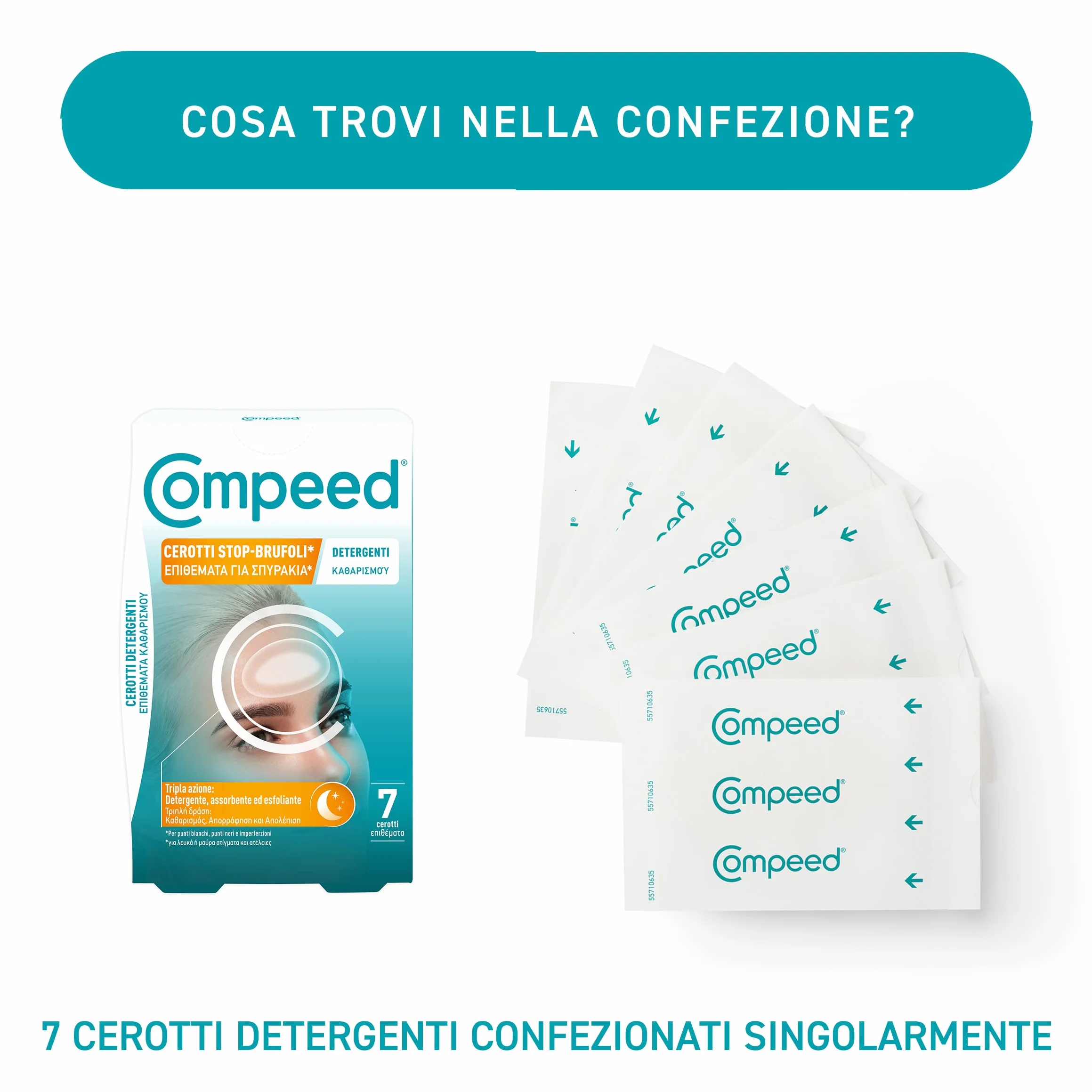 COMPEED Cerotti Stop-Brufoli Detergenti, Purificano, Esfoliano e Proteggono per imperfezioni, punti neri e piccoli brufoli, Ideali anche per l'uso notturno, 7 cerotti idrocolloidali
