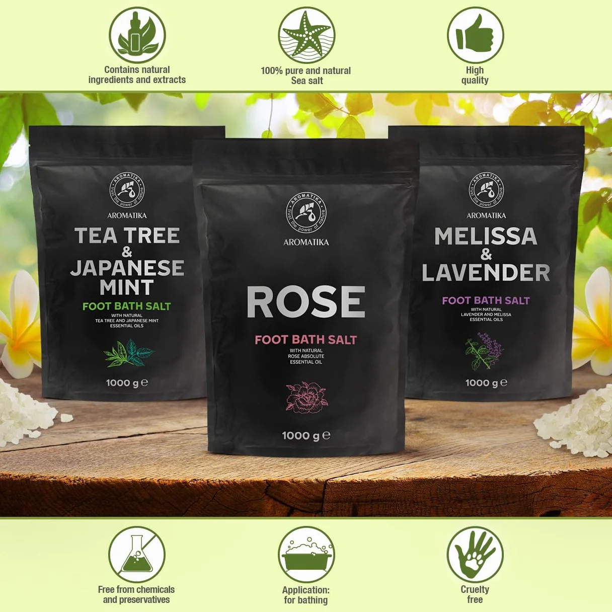 Set Sale per Pediluvio Lavanda e Melissa - Menta Piperita e Tè - Rosa 3x1000g - Pediluvio al Sale Marino Naturale - Pediluvio - Unghie - Pedicure - Sali Profumati da Bagno