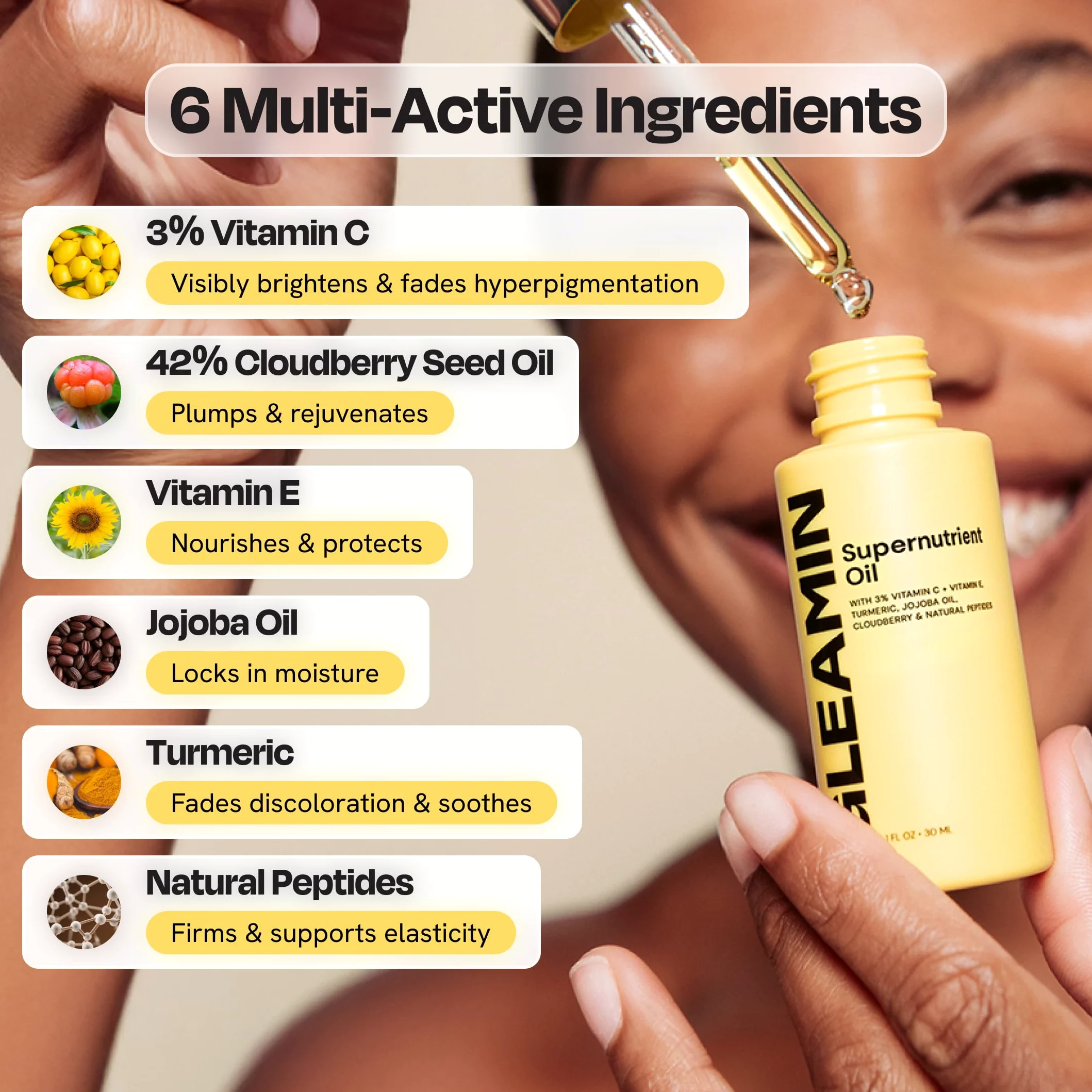 Gleamin - Olio viso profondamente nutriente e idratante: sperimenta una bagnatura duratura con il nostro olio super nutriente con 3% di vitamina C, potenziato con olio di semi al 42% di m