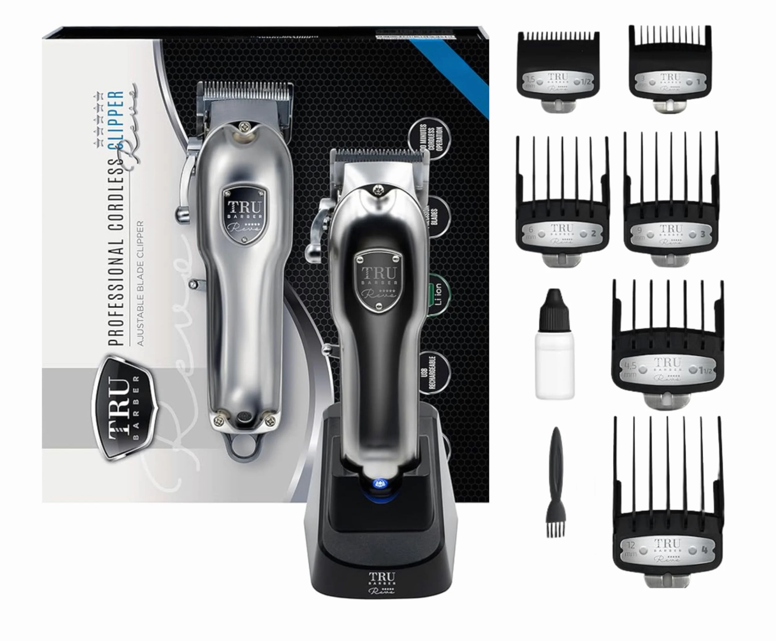 TRU BARBER Tagliacapelli Professionale Uomo – Macchinetta per Capelli Senza Fili con Base di Ricarica Rapida, Motore Potente e Lame di Precisione per Capelli e Barba, Uso Domestico e Professionale