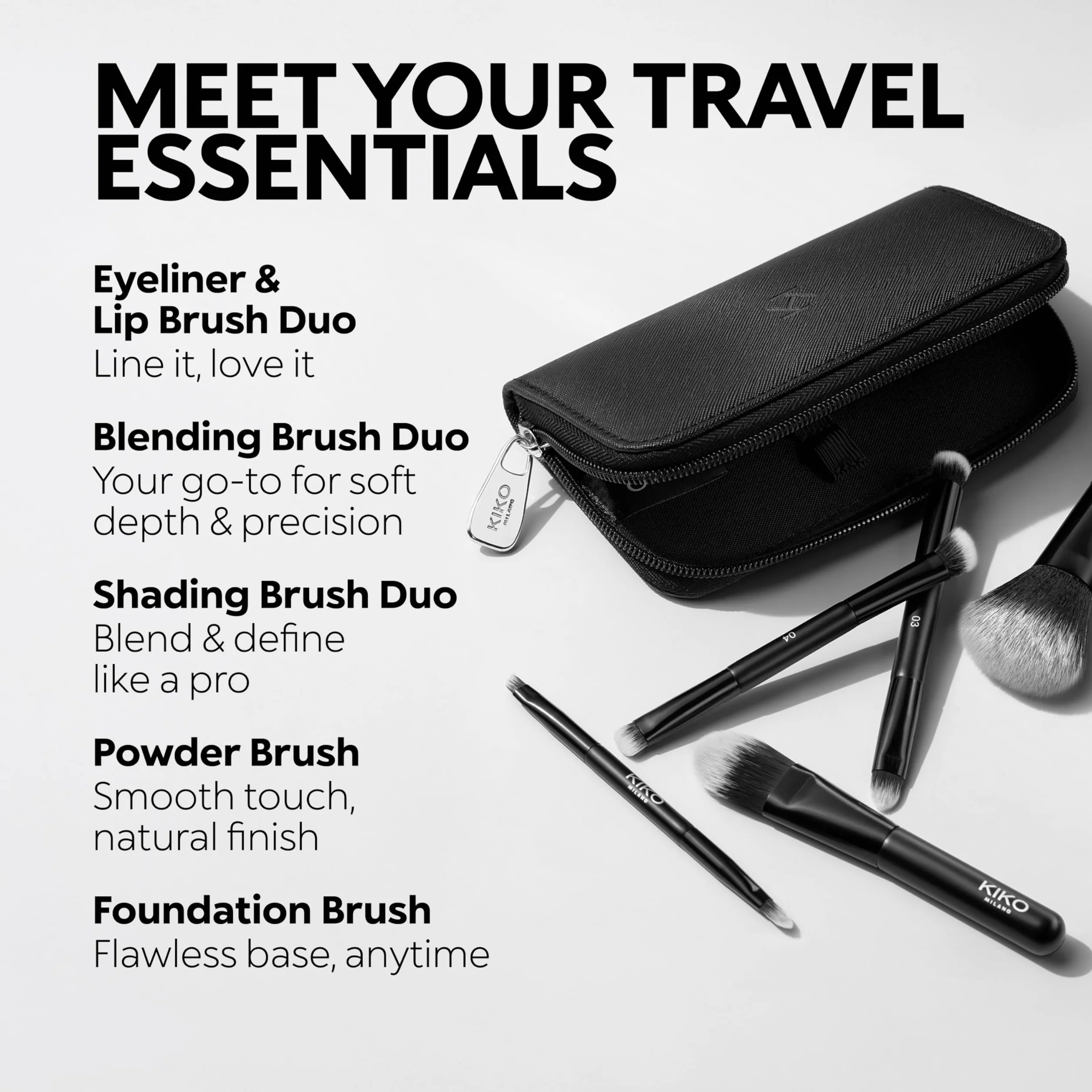 KIKO Milano Travel Brush Set, Pochette Da Viaggio Con 5 Pennelli Professionali