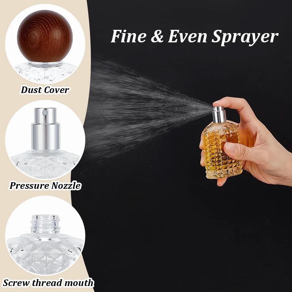 WEBEEDY Confezione da 10 flaconi spray in vetro da 50 ml, con nebulizzatore, vuoti, ricaricabili, con tappo in legno, piccoli flaconi spray da viaggio con 3 tipi di dispenser, per donne e uomini