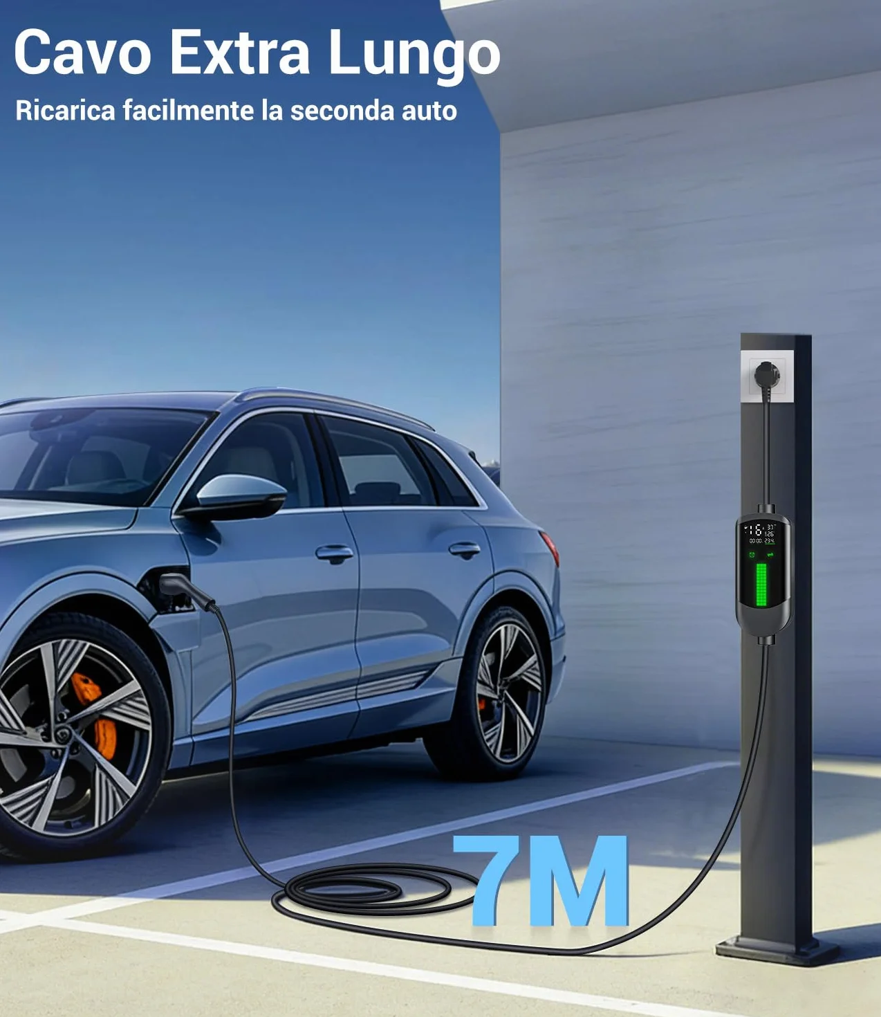 Colonnina Ricarica Auto Elettrica Wallbox 3,7kW 7M 6-16A Portatile LCD IP65 IEC 62196-2