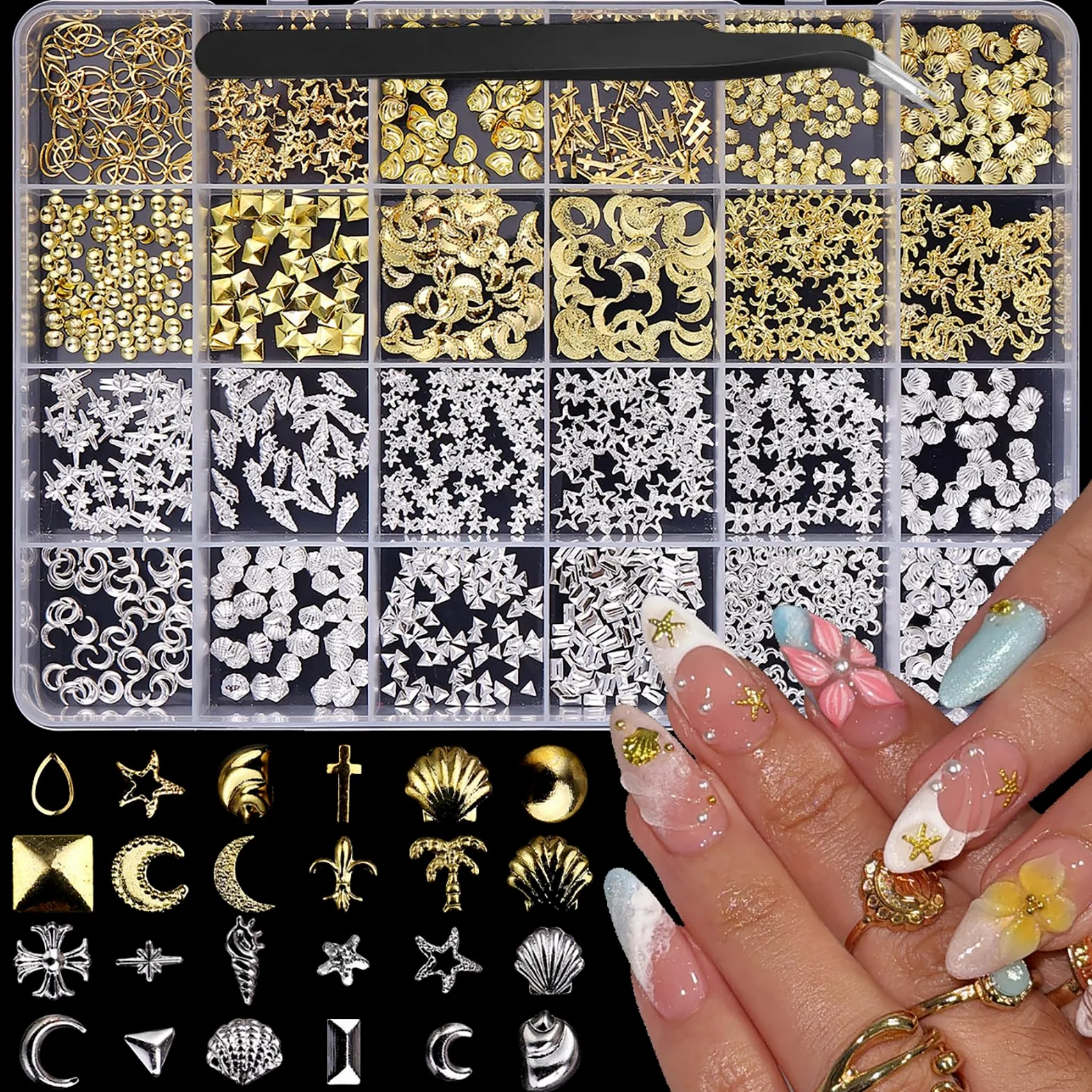 1 scatola oro argento ciondoli per unghie 3D in lega fiore gemme per unghie in metallo luna stella gioielli per unghie multi-forme oceano spiaggia stella marina conchiglia forniture per nail art con