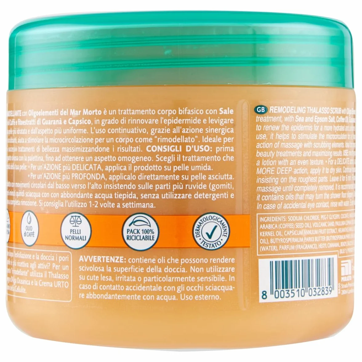 GEOMAR Thalasso Scrub Corpo Rimodellante Sale Marino Sale di Epsom Olio di Caffè Estratti di Guaranà e Capsico Made in Italy 600 g
