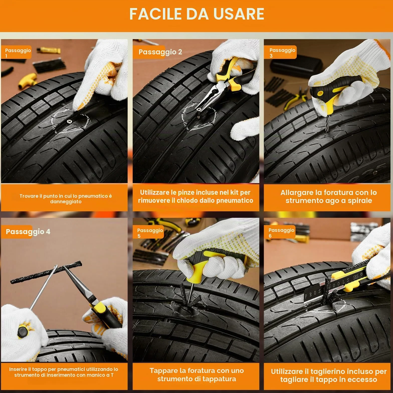 Kit di riparazione pneumatici sgonfi 27 pezzi con sigillante per auto camion moto bici