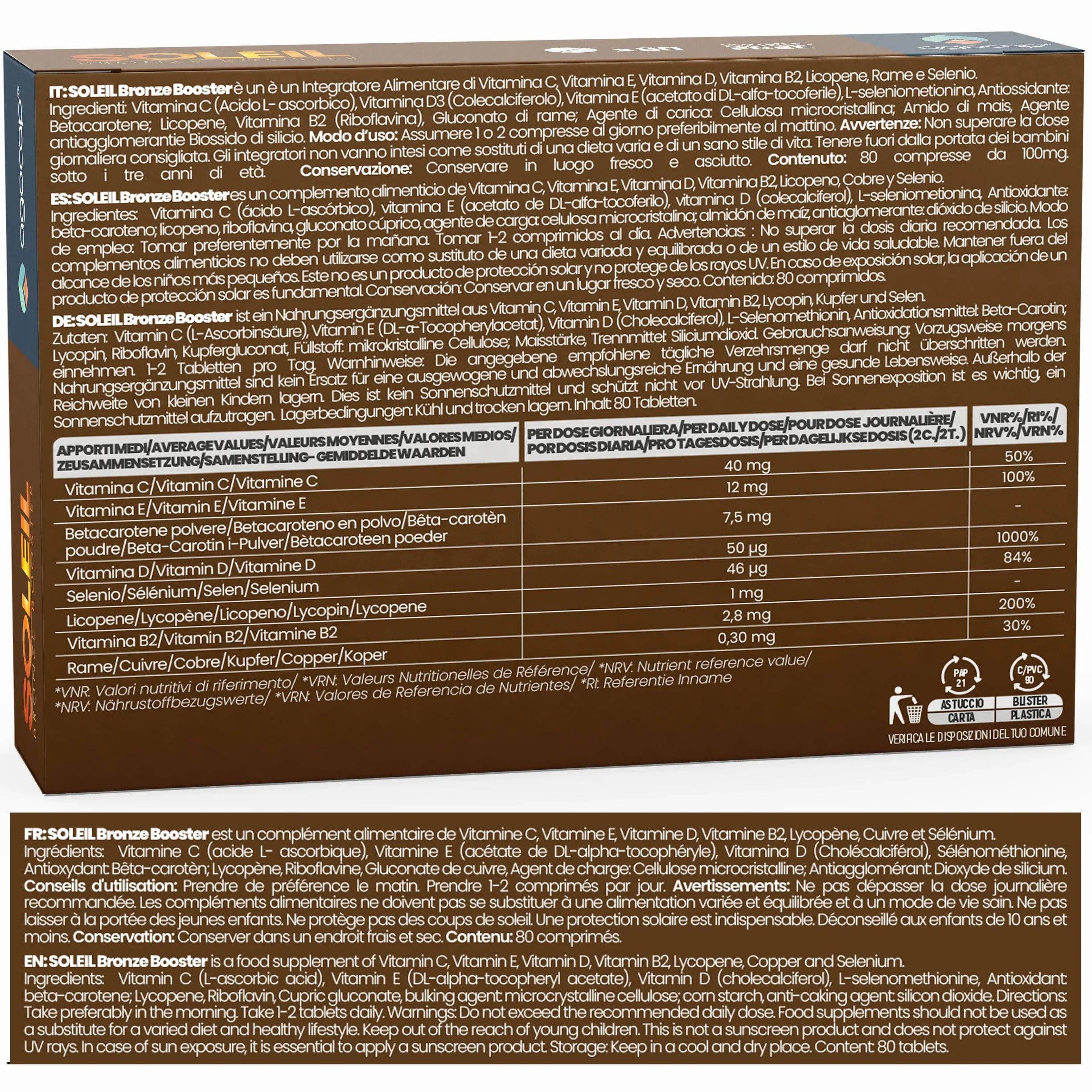SOLEIL Acceleratore Abbronzatura Forte, 80 Compresse con Betacarotene, Rame, Selenio, Licopene, Vitamine C, D, E, B - Autoabbronzante Corpo