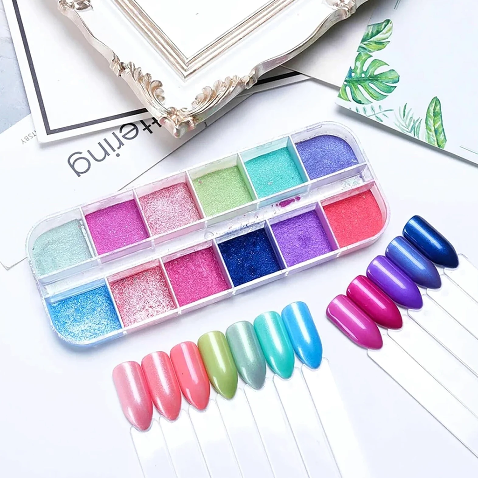 Polvere cromata unghie 12 Griglie Aurora Sirena Perla Shimmer Specchio effetto cromato Polvere for unghie per Manicure