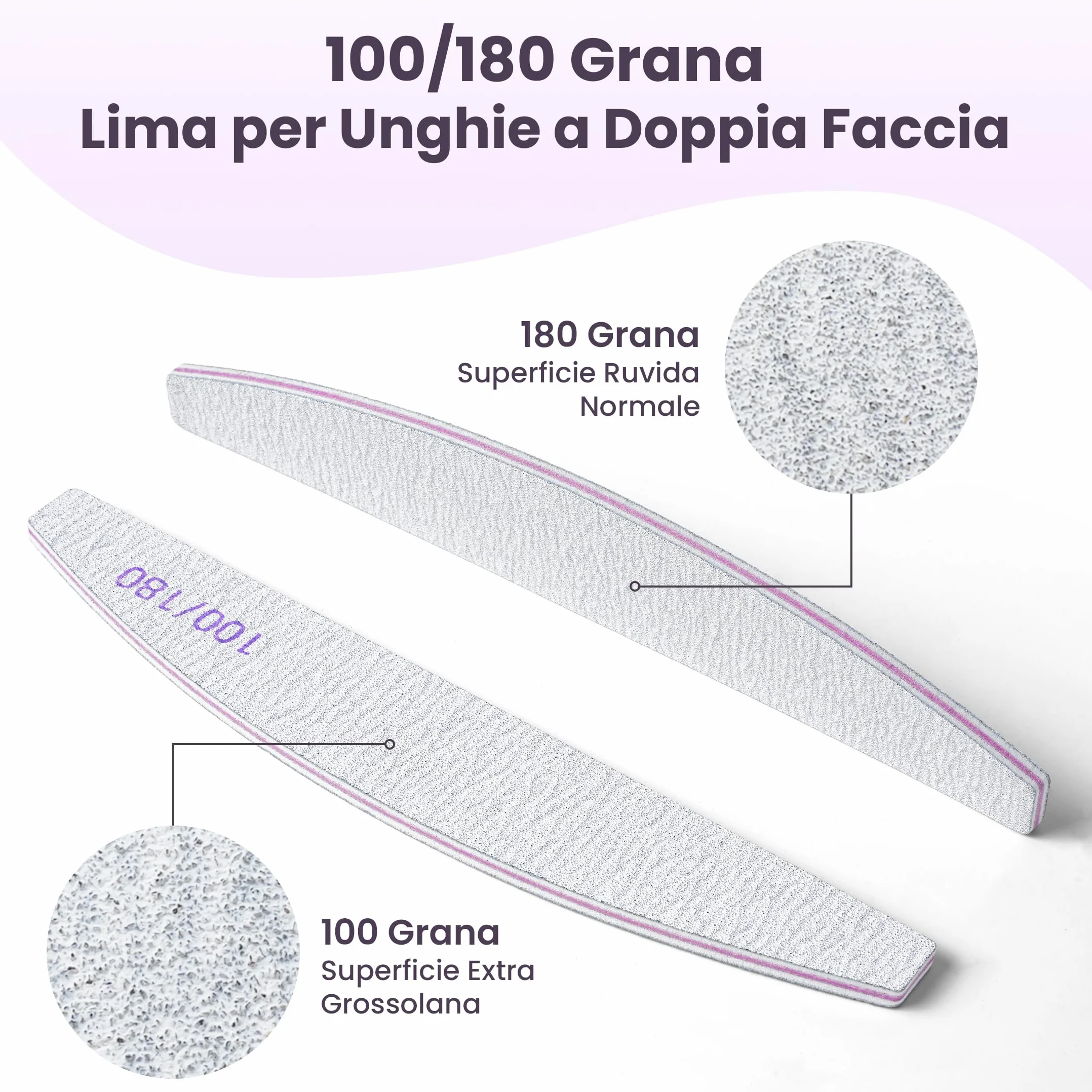 Lima per Unghie 100 180 Grana Doppia Faccia, Kit Riutilizzabile per Manicure in Gel, Set Professionale 20 Pezzi